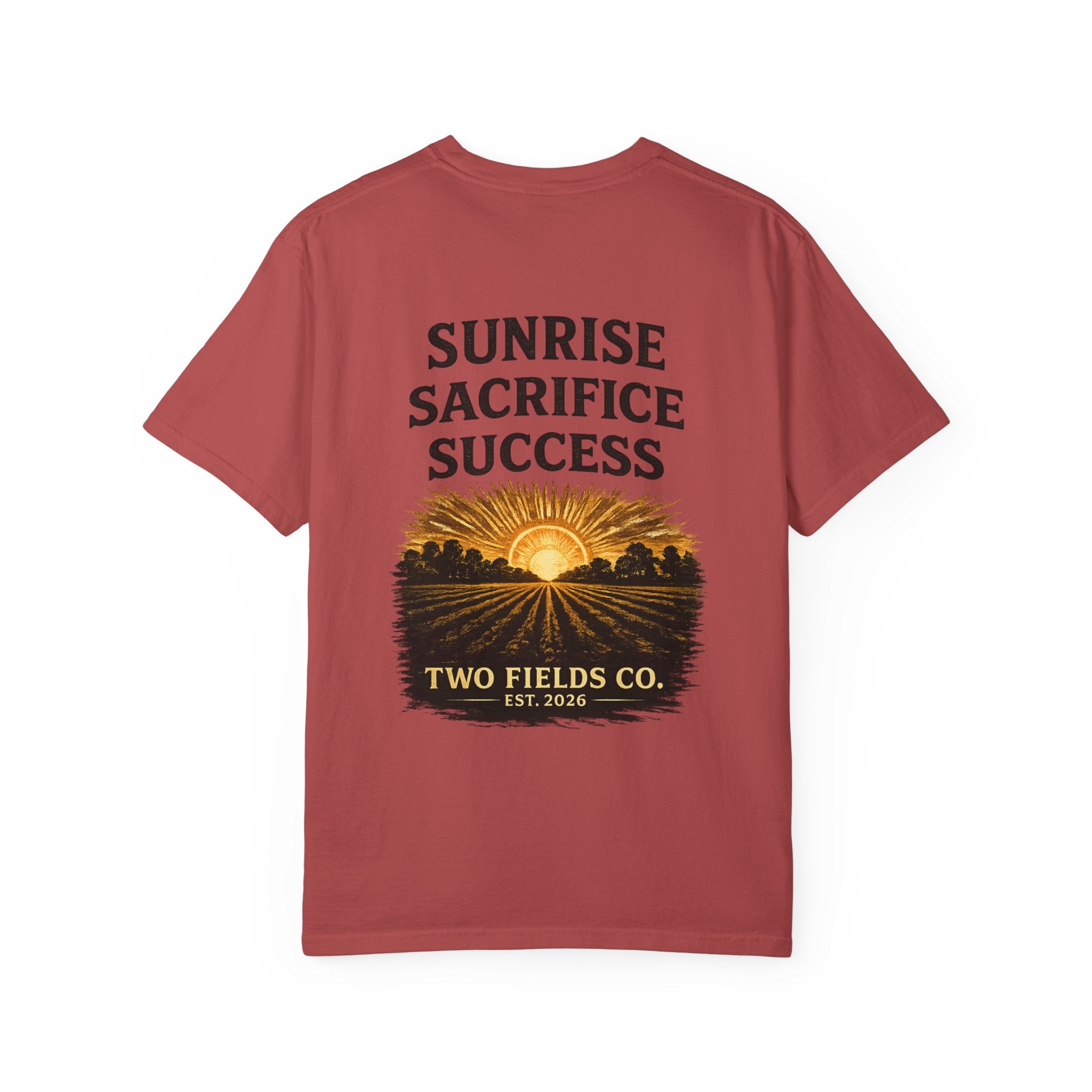 Red T-shirt front with Sunrise Sacrifice Success sun graphic and Two Fields Co. text
