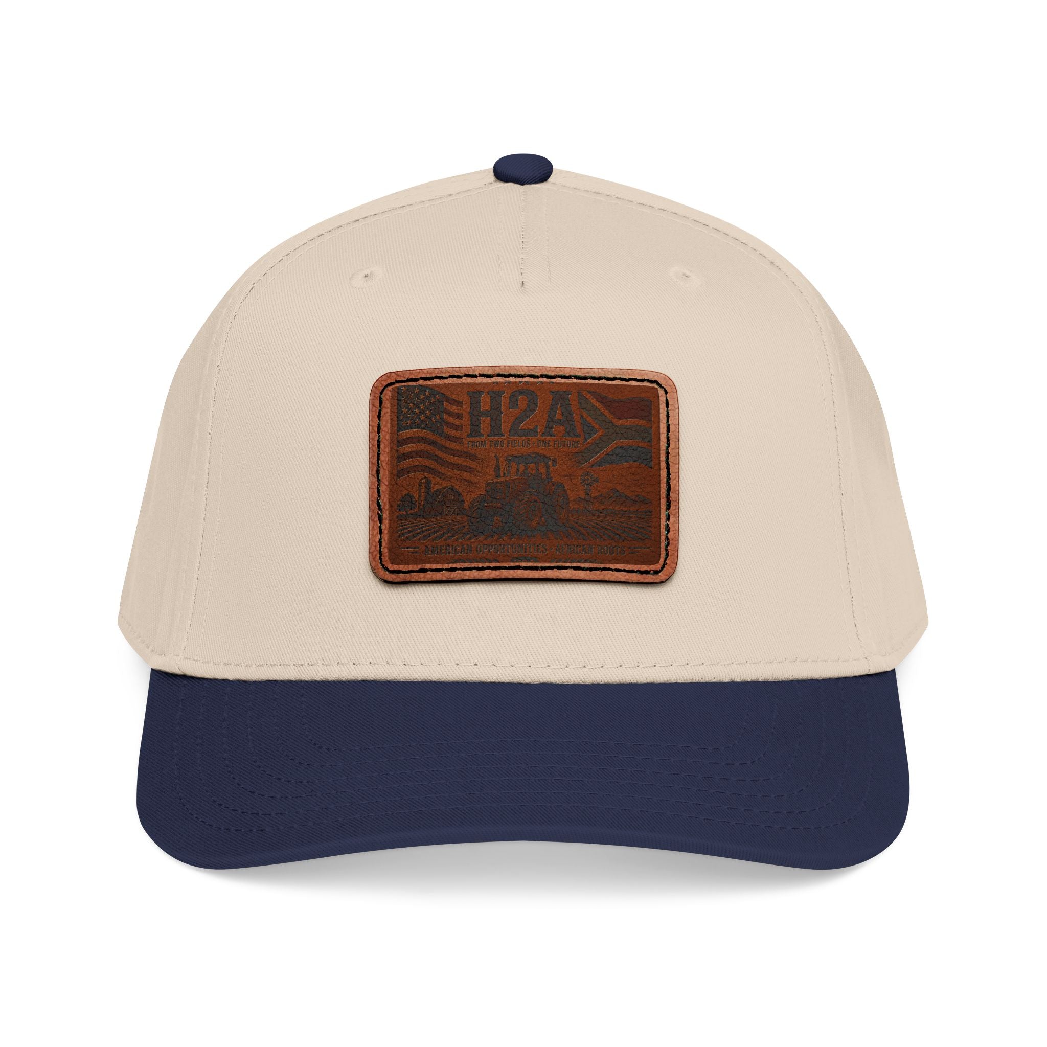 Beige and navy baseball cap with rectangular H2A vintage logo patch