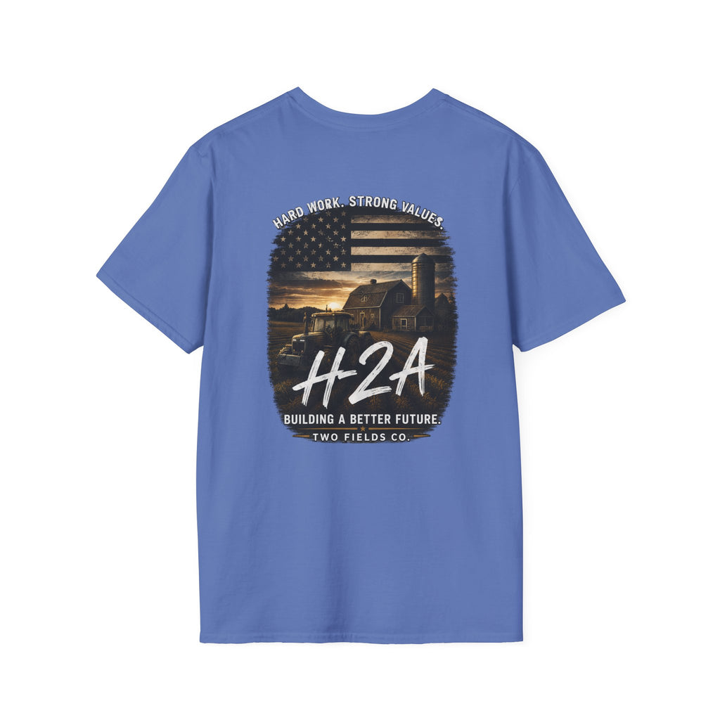Unisex softstyle T-shirt, medium blue, large H2A graphic on back