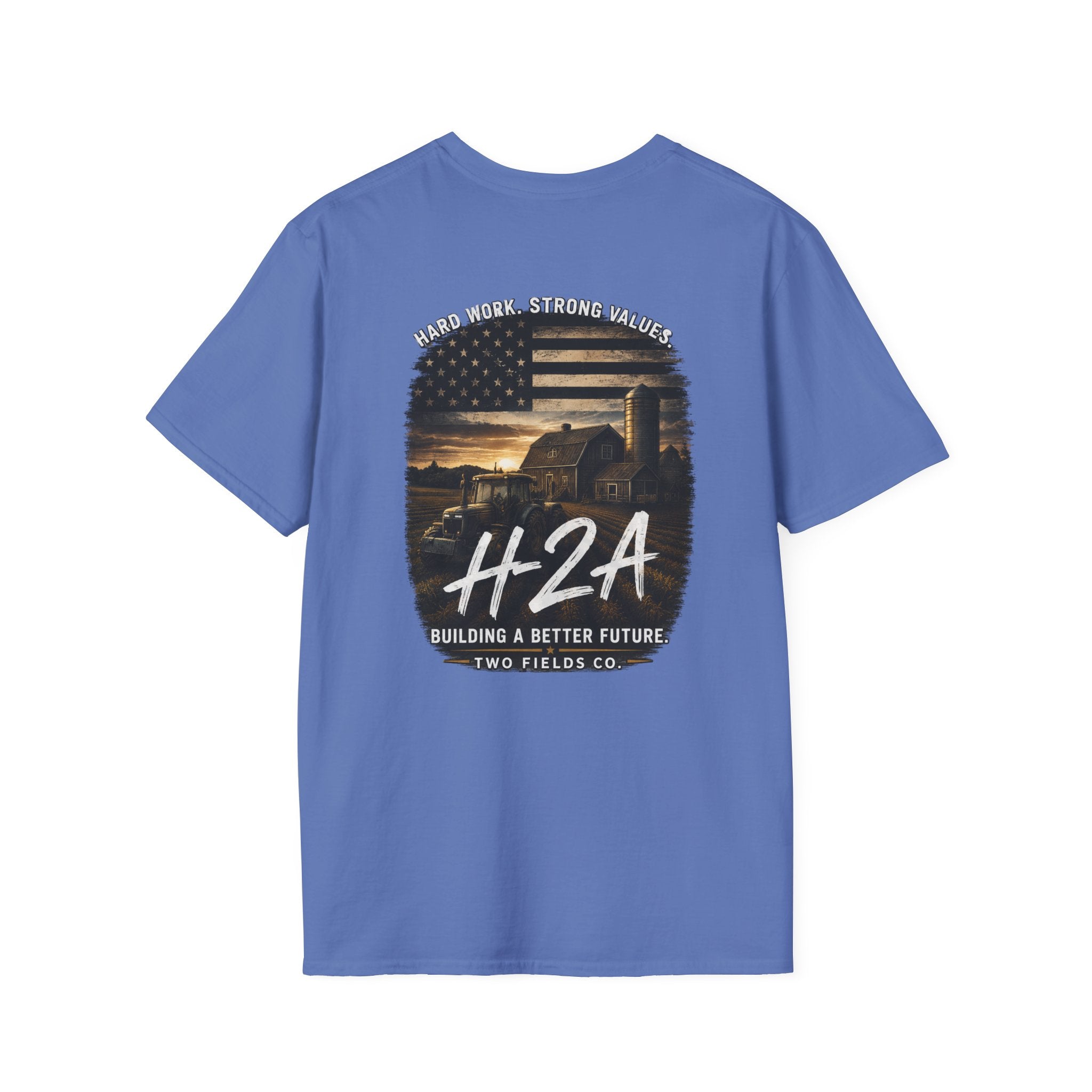 Unisex softstyle T-shirt, medium blue, large H2A graphic on back