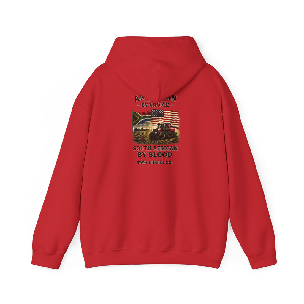 Red pullover hoodie with large back graphic print, hood drawstrings, and front pouch pocket.