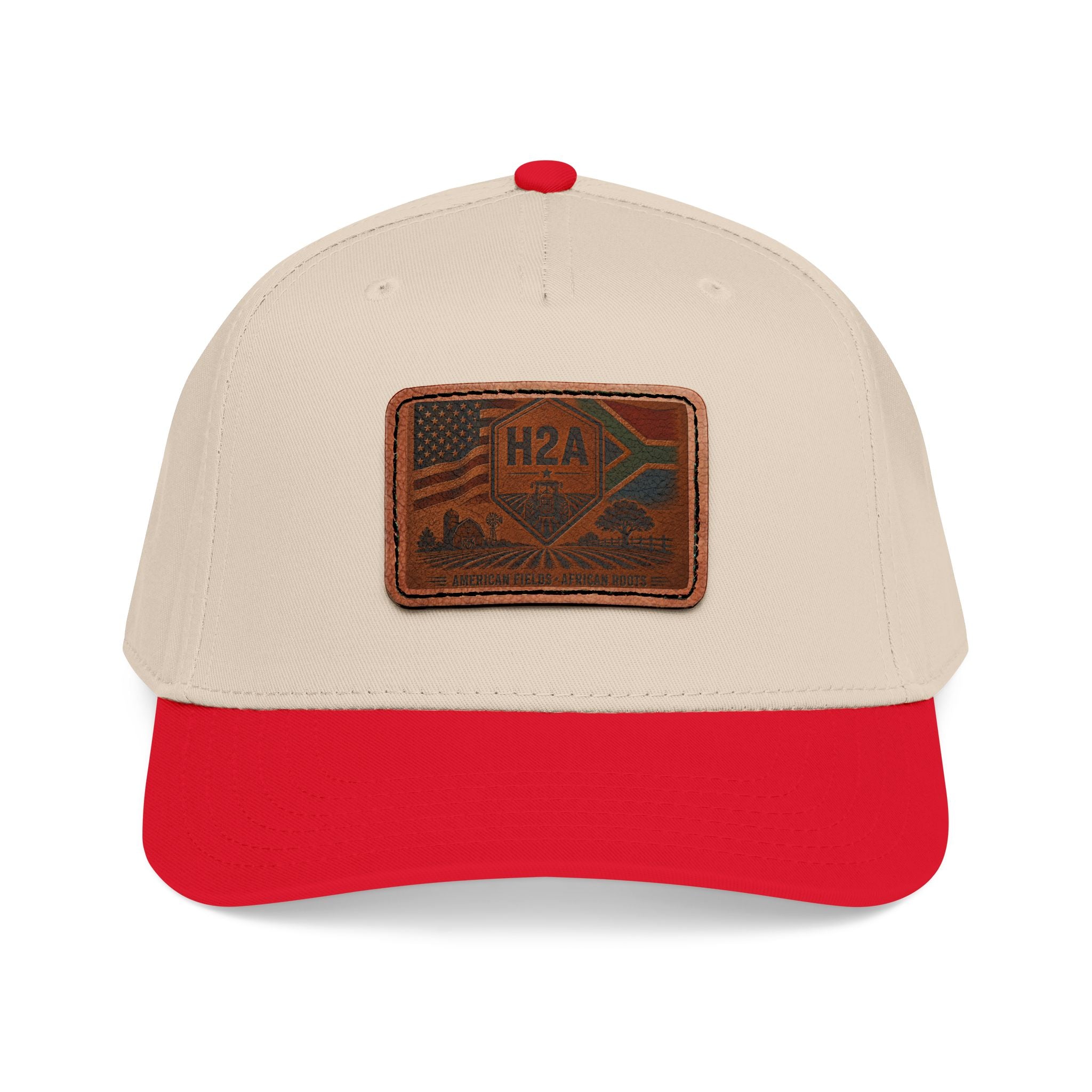Two-tone baseball cap, tan crown with red brim and rectangular H2A patch