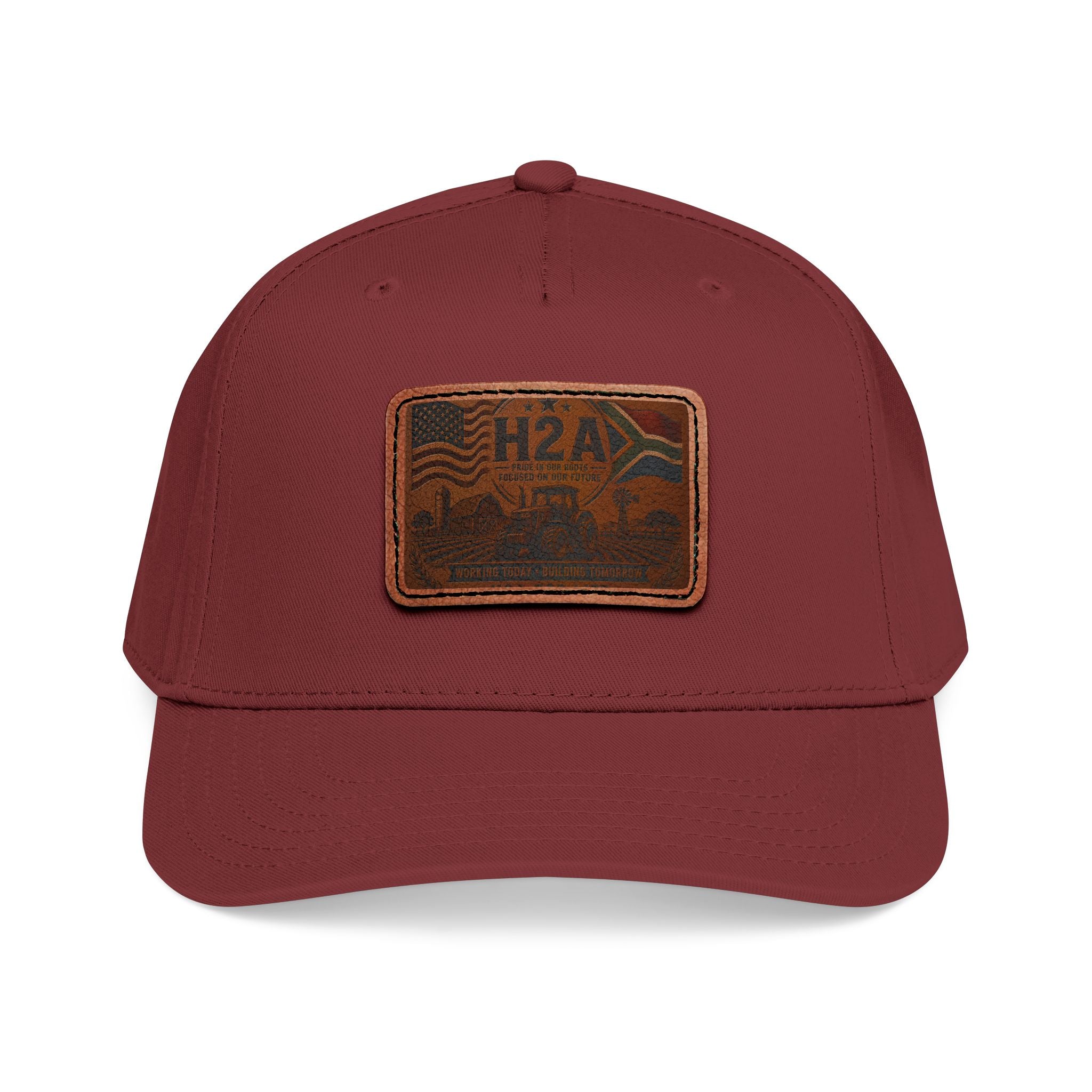 Maroon baseball cap with rectangular H2A leather patch