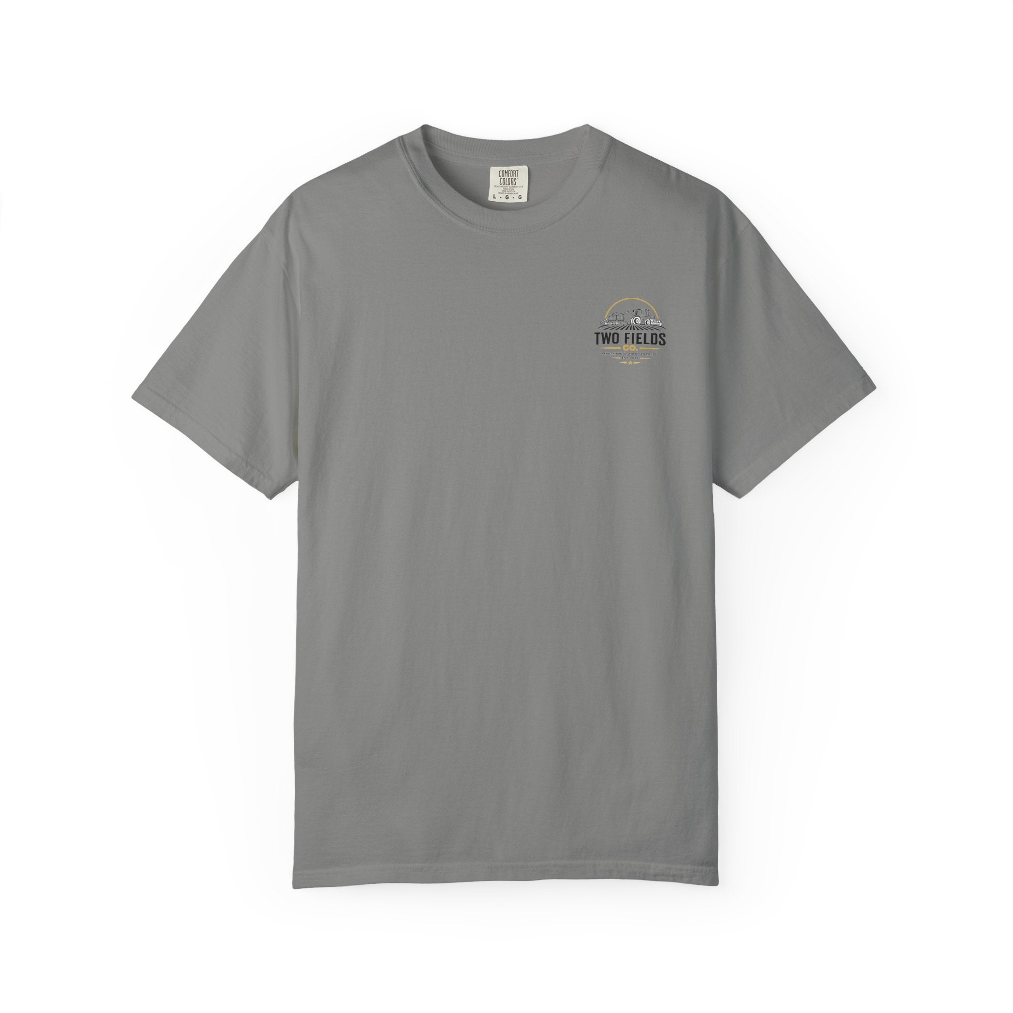 Grey T-shirt with small Two Fields logo graphic on left chest