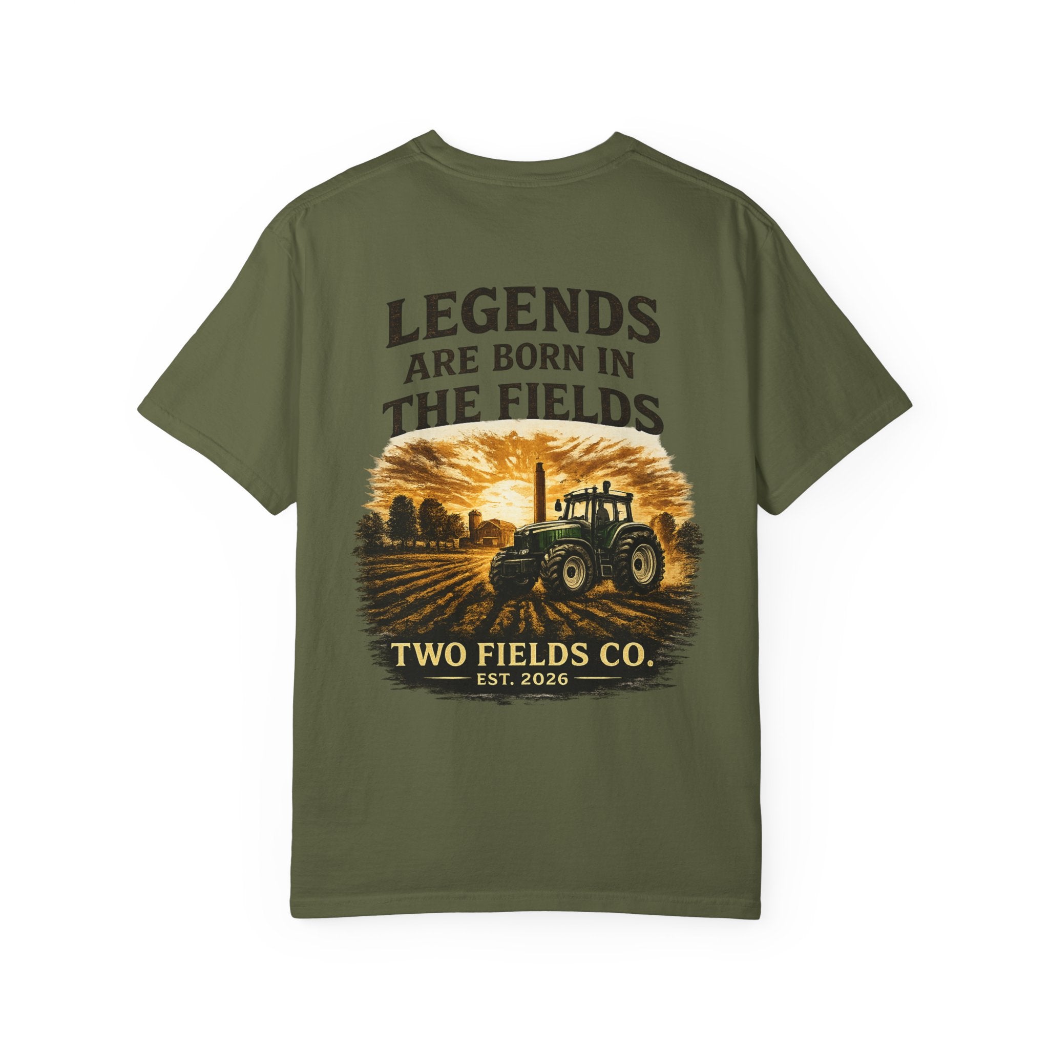 Olive short-sleeve T-shirt with front text and tractor-in-field print