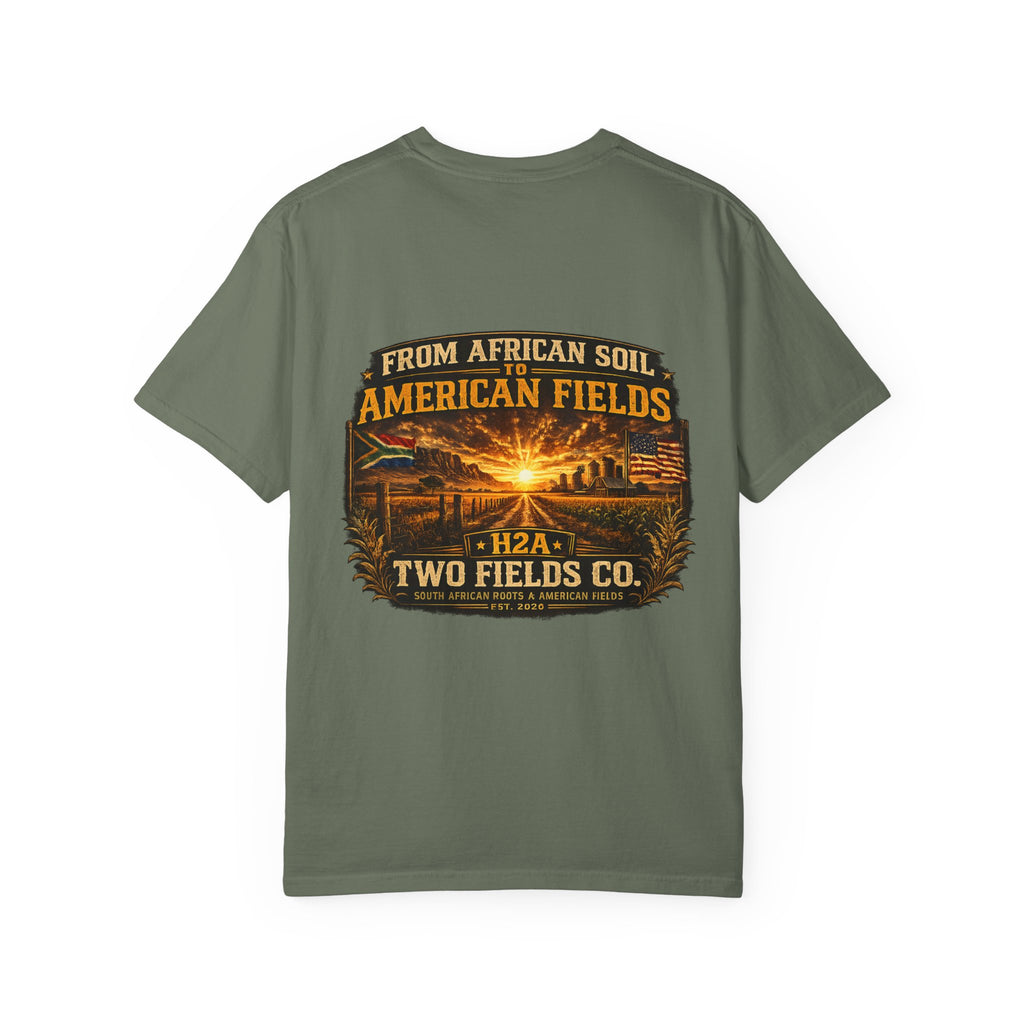 Olive short-sleeve T-shirt with vintage farm sunset “From African Soil to American Fields” graphic