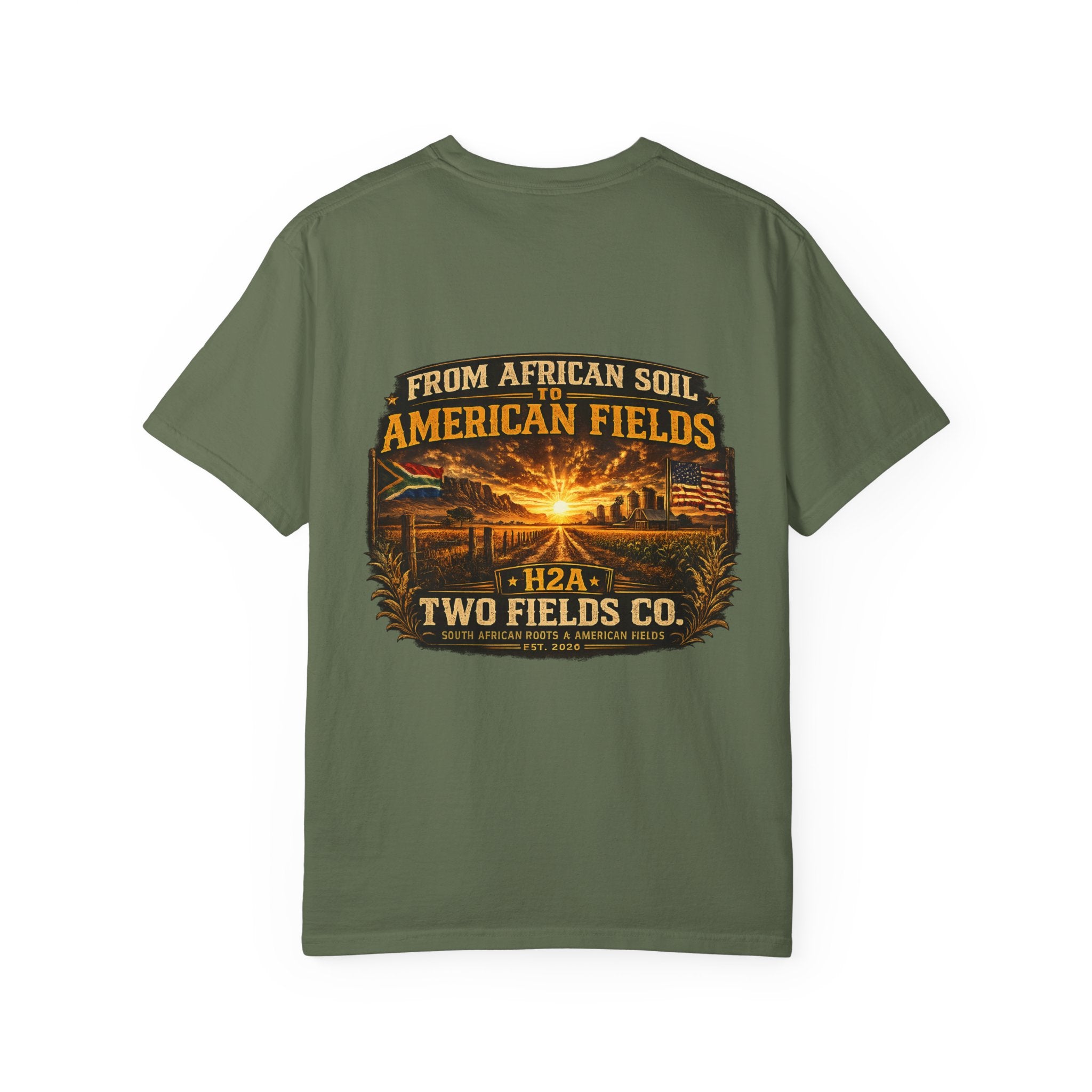 Olive short-sleeve T-shirt with vintage farm sunset “From African Soil to American Fields” graphic