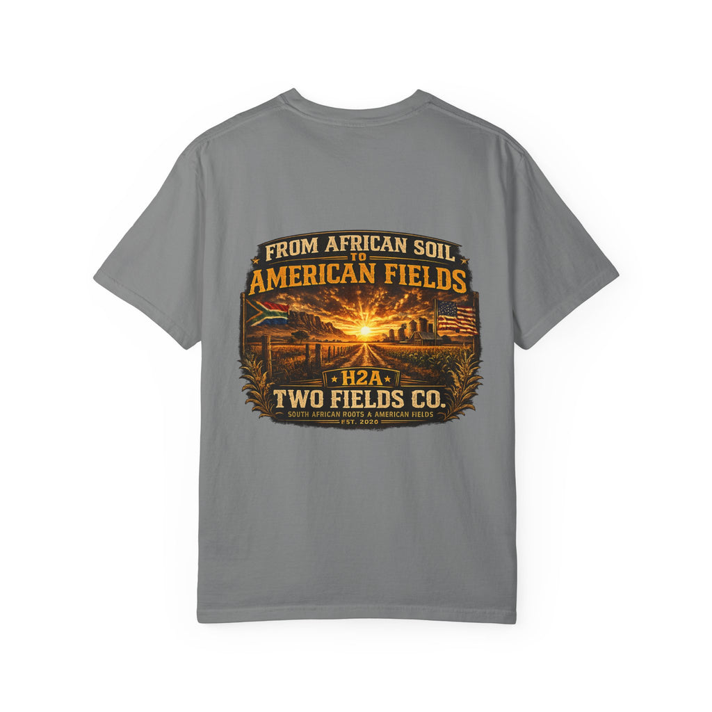 Dark gray T-shirt with large vintage farm sunset graphic and text