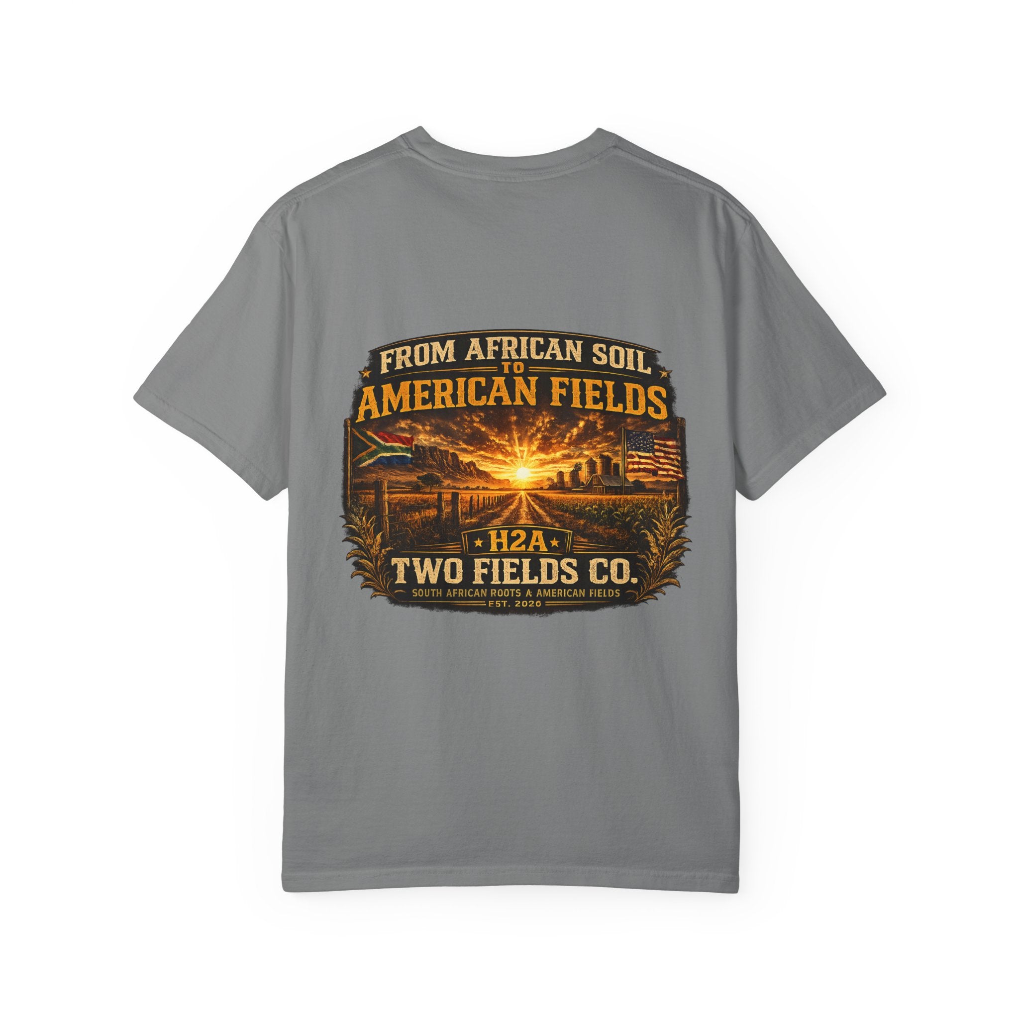Dark gray T-shirt with large vintage farm sunset graphic and text
