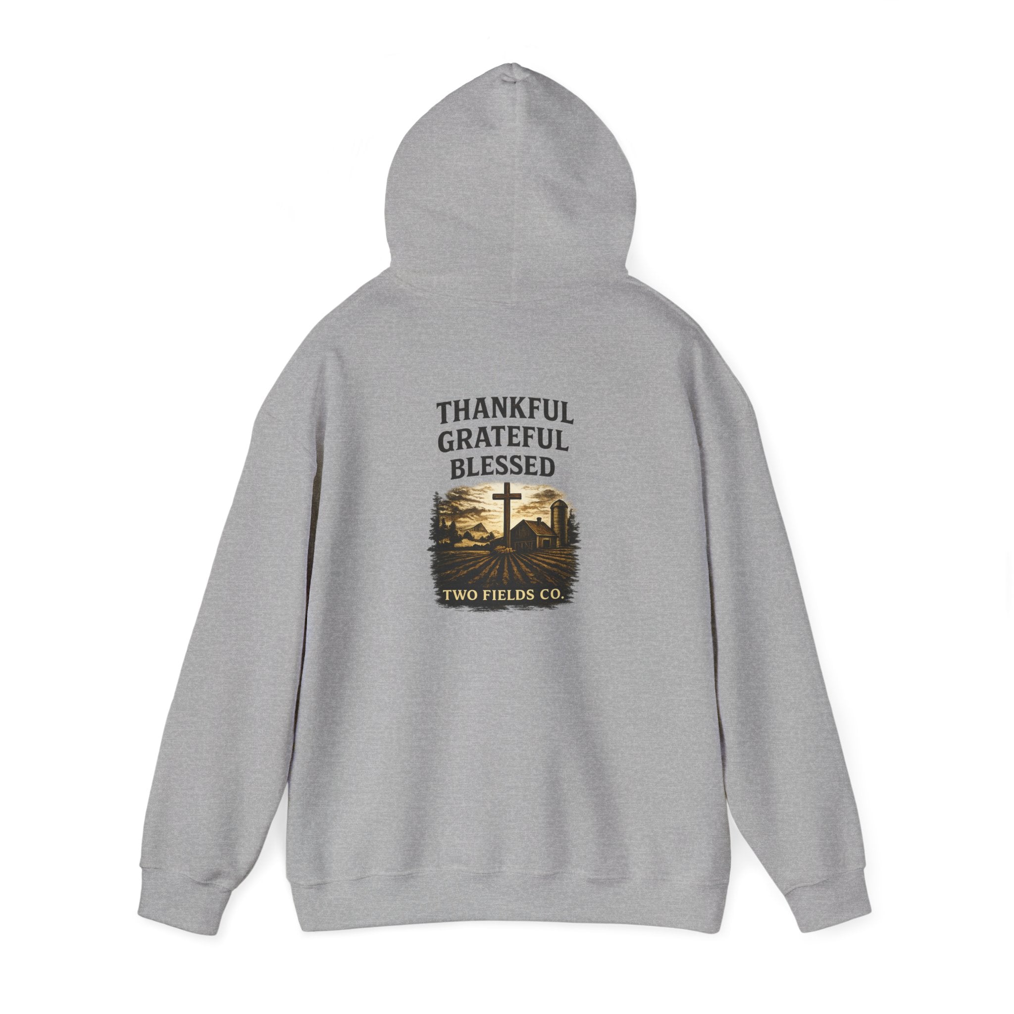 Gray pullover hoodie with back print: Thankful Grateful Blessed cross and house graphic