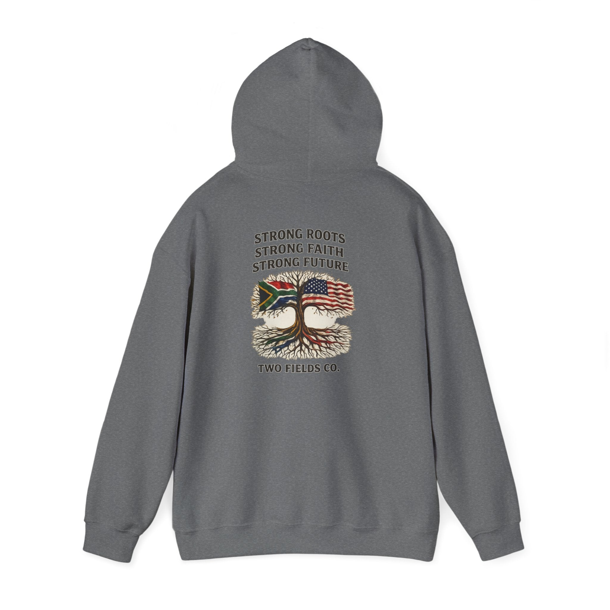 Charcoal gray hoodie with hood and back graphic text plus tree emblem