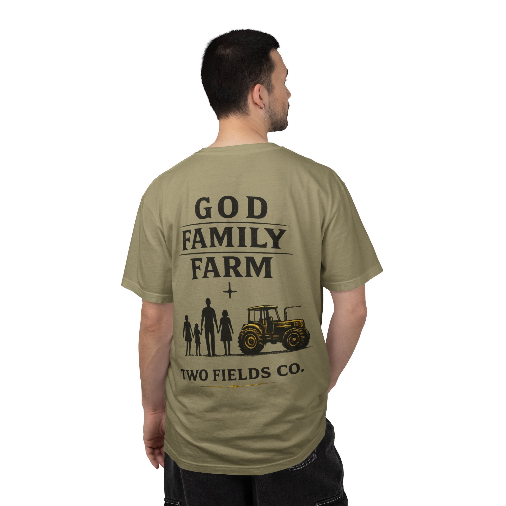 Olive family farm graphic T-shirt back with “God Family Farm” text and tractor