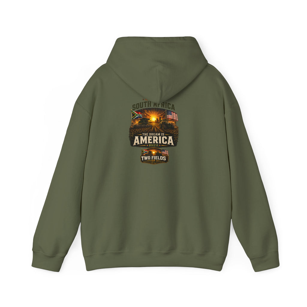 Military green hoodie with kangaroo pocket and “South Africa America Two Fields” graphic.