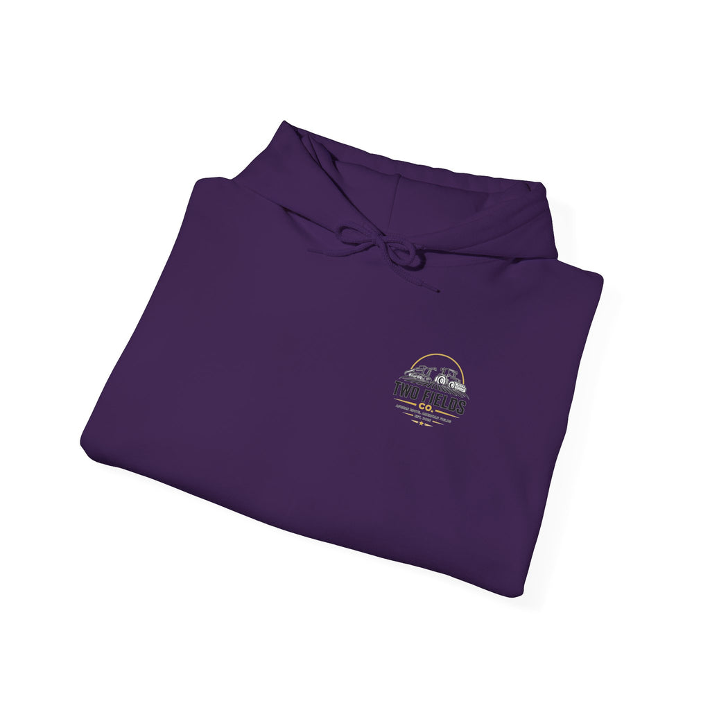 Purple scenic graphic hoodie, folded with front pouch and small chest logo patch