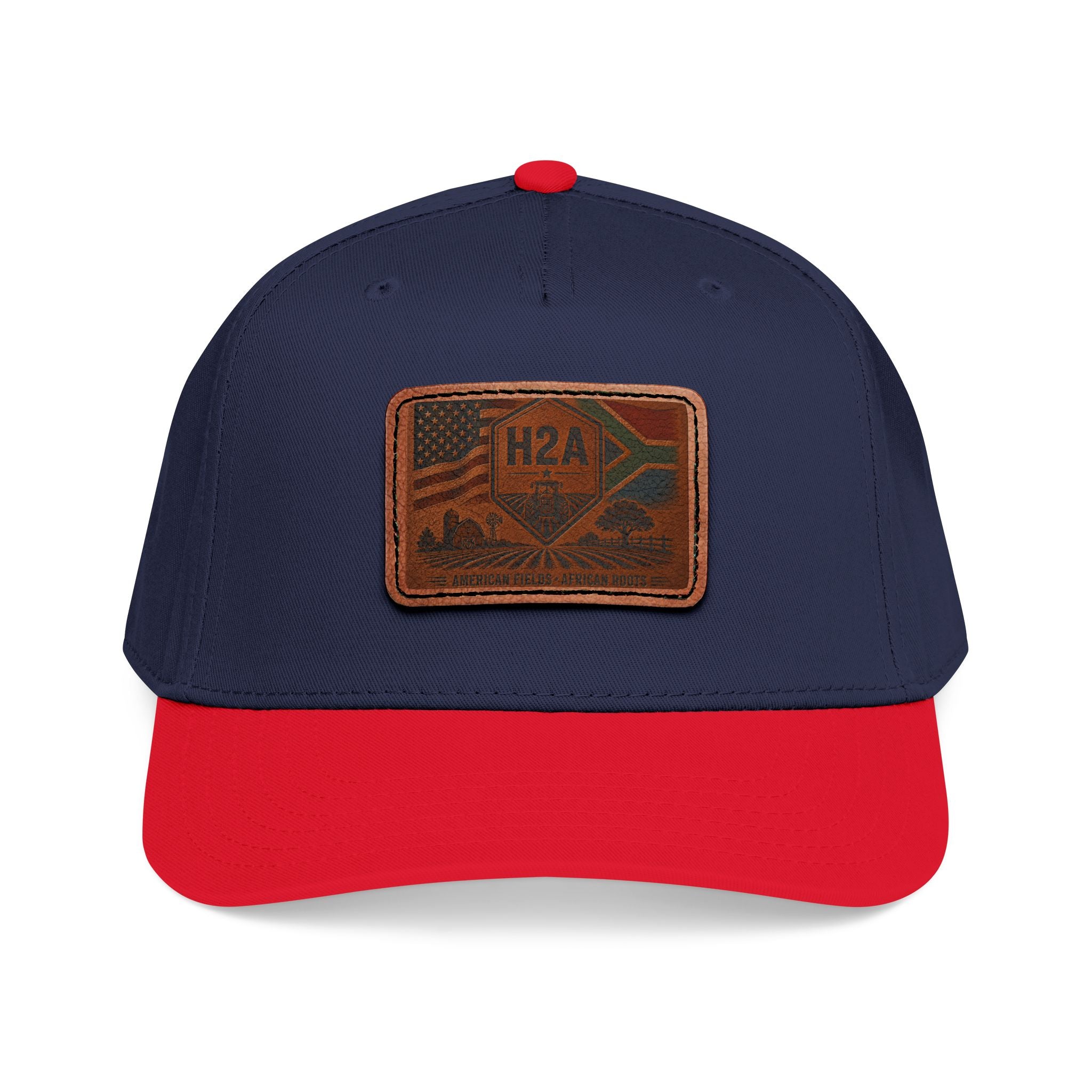 Navy and red leather-patch baseball cap with rectangle H2A flag design