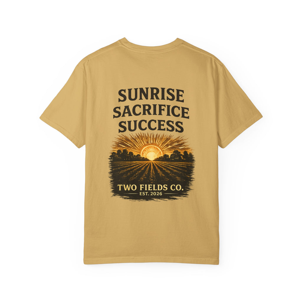 Mustard yellow crewneck graphic T-shirt with “SUNRISE SACRIFICE SUCCESS” front print