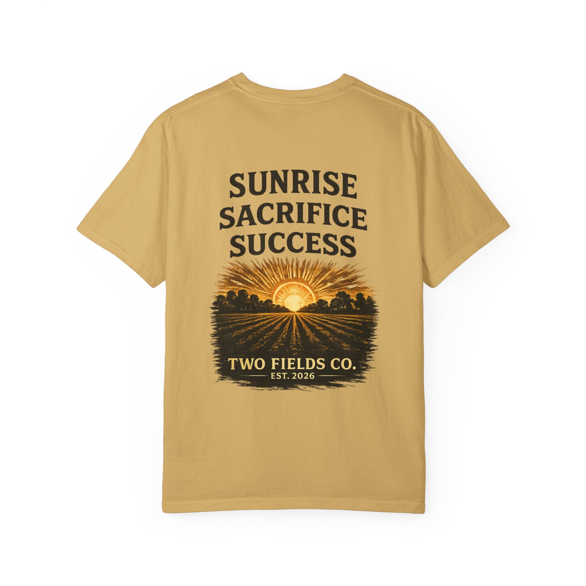 Mustard yellow crewneck graphic T-shirt with “SUNRISE SACRIFICE SUCCESS” front print
