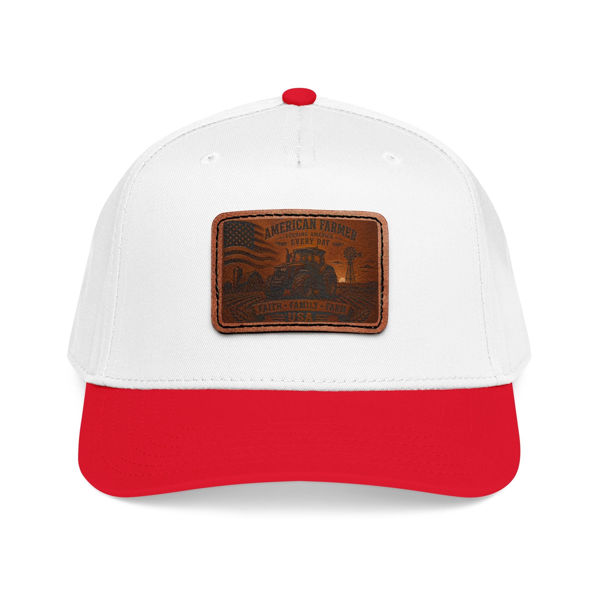 Leather patch baseball cap, white with red brim and rectangular light-brown front patch.