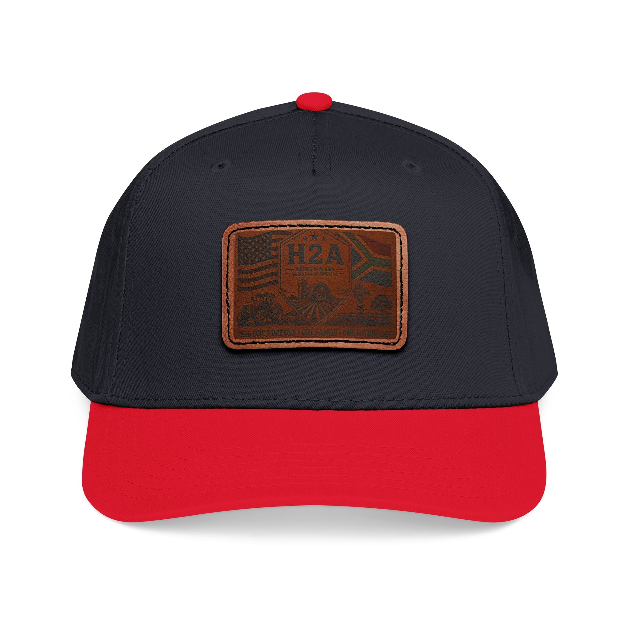 Navy-red two-tone leather patch baseball cap with rectangular H2A flag patch