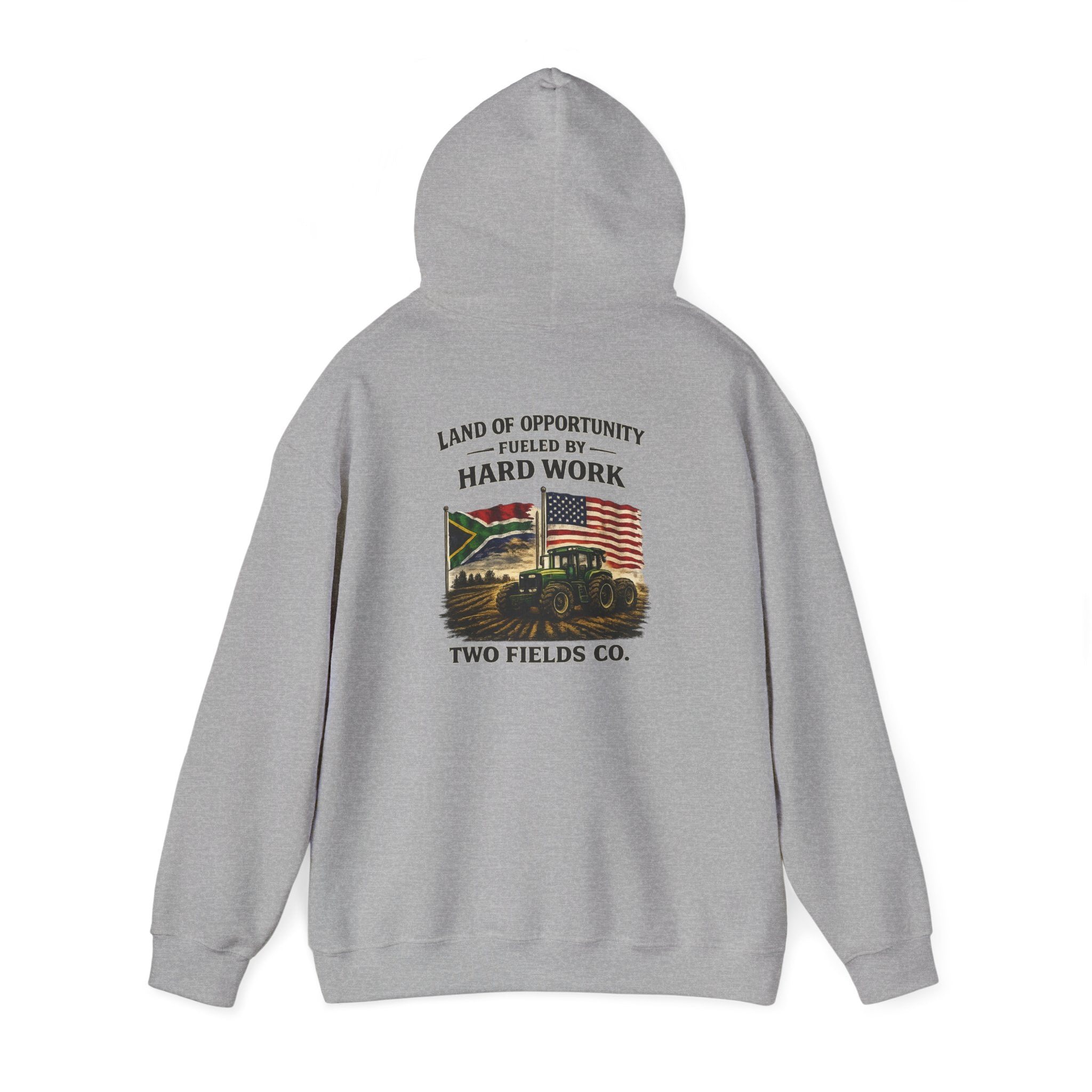 Light gray hoodie with back tractor graphic and “Hard Work” text, “Two Fields Co.”