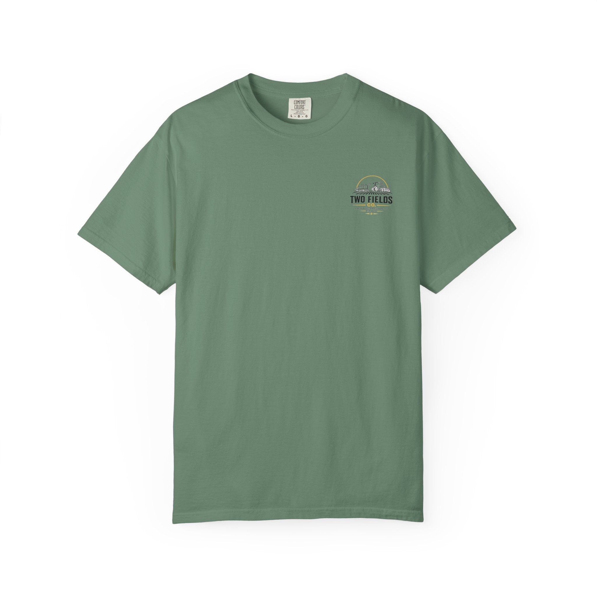 Green T-shirt with small chest logo graphic on crew neck short sleeves