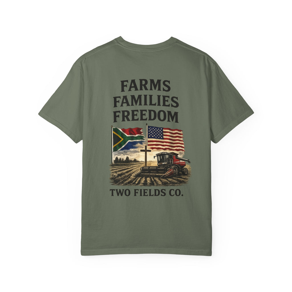 Dark green graphic T-shirt with 'FARMS FAMILIES FREEDOM' tractor and flag artwork