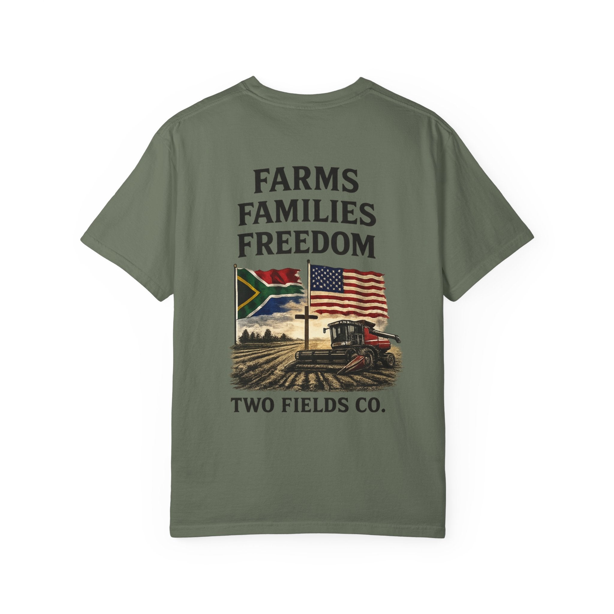Dark green graphic T-shirt with 'FARMS FAMILIES FREEDOM' tractor and flag artwork
