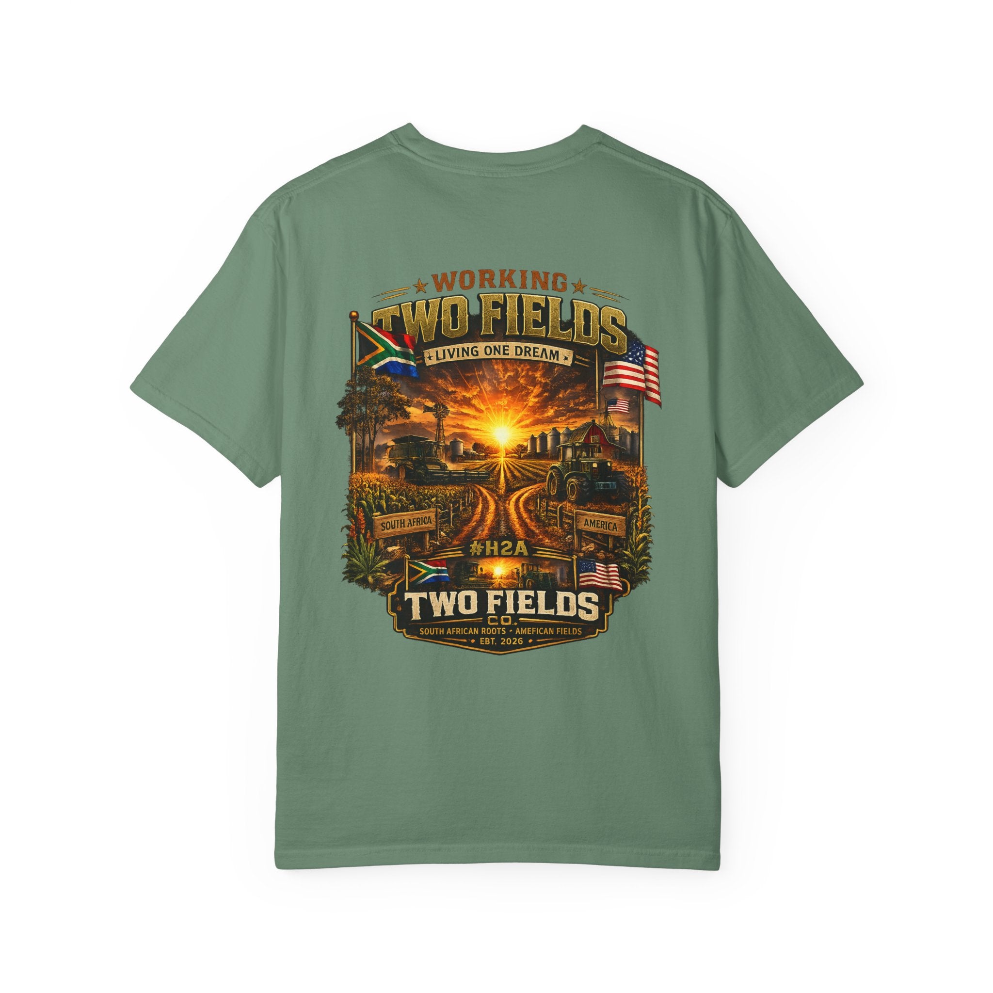Olive green short-sleeve T-shirt with large farm sunset graphic on front