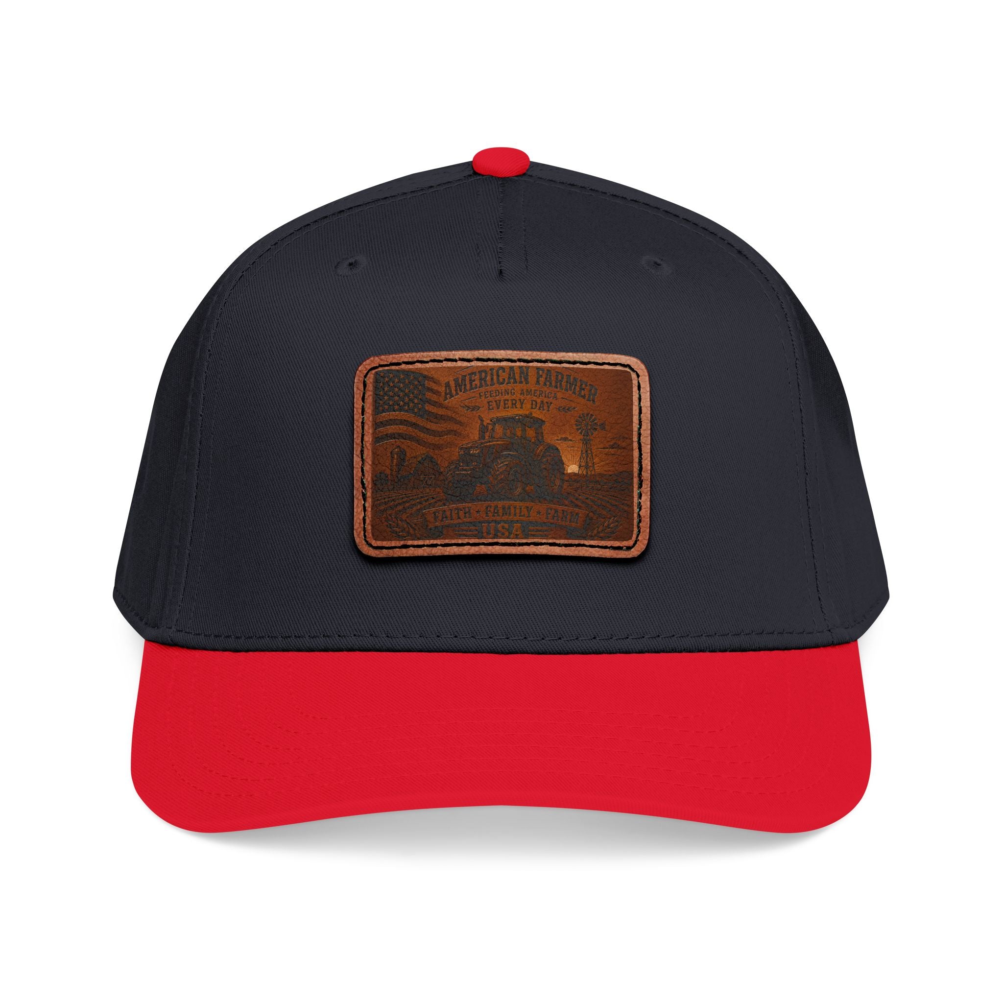 Leather patch baseball cap, dark navy with red brim and rectangular light-brown front patch.