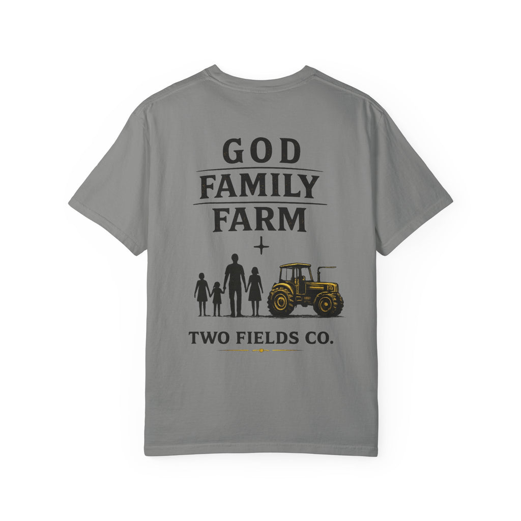 Grey crewneck T-shirt with God Family Farm + tractor family graphic and Two Fields Co.