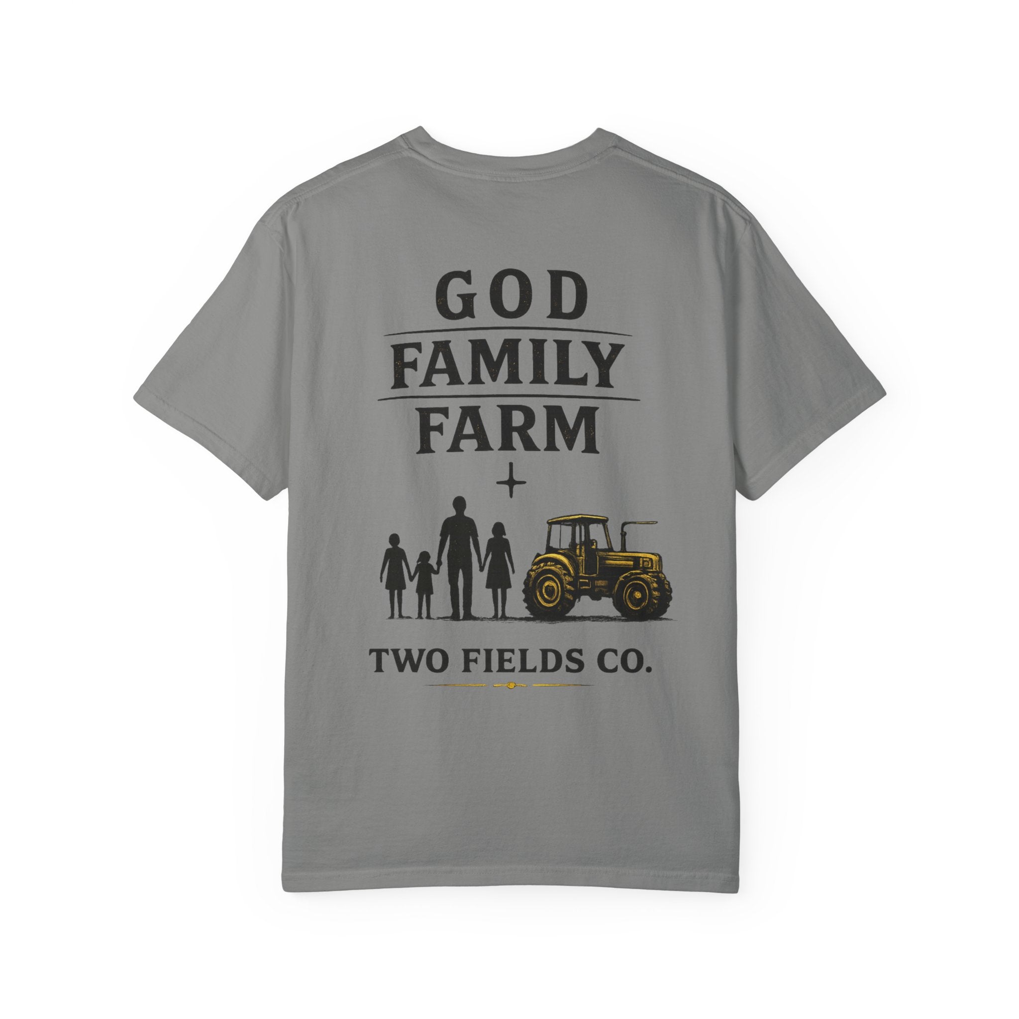 Grey crewneck T-shirt with God Family Farm + tractor family graphic and Two Fields Co.
