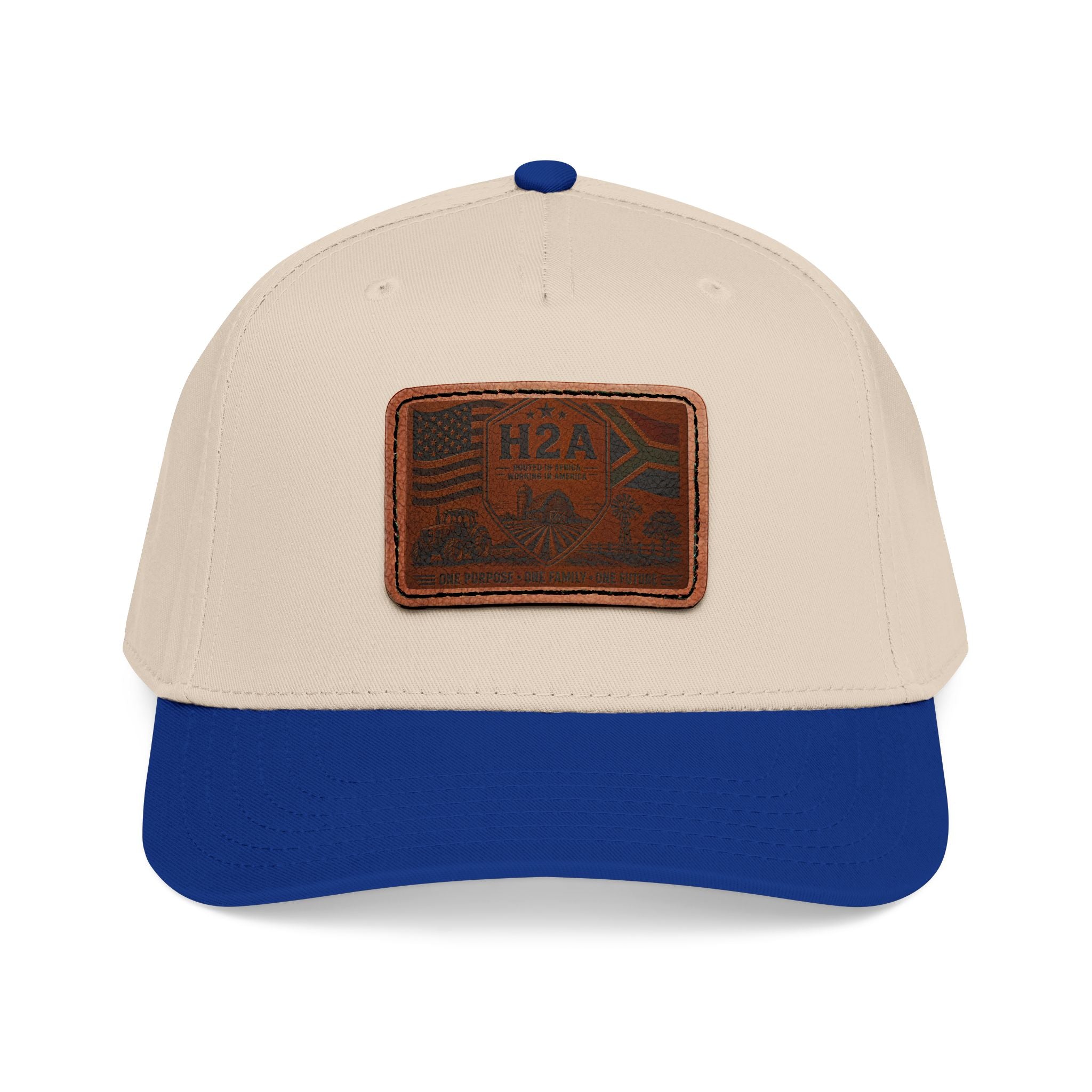 Beige and blue baseball cap with rectangular H2A flag leather patch