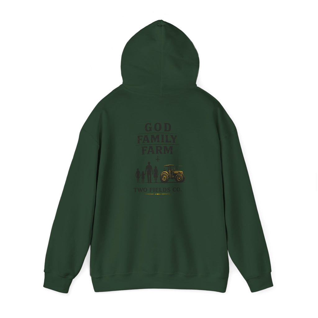 Forest green hoodie with back graphic "GOD FAMILY FARM" and tractor illustration