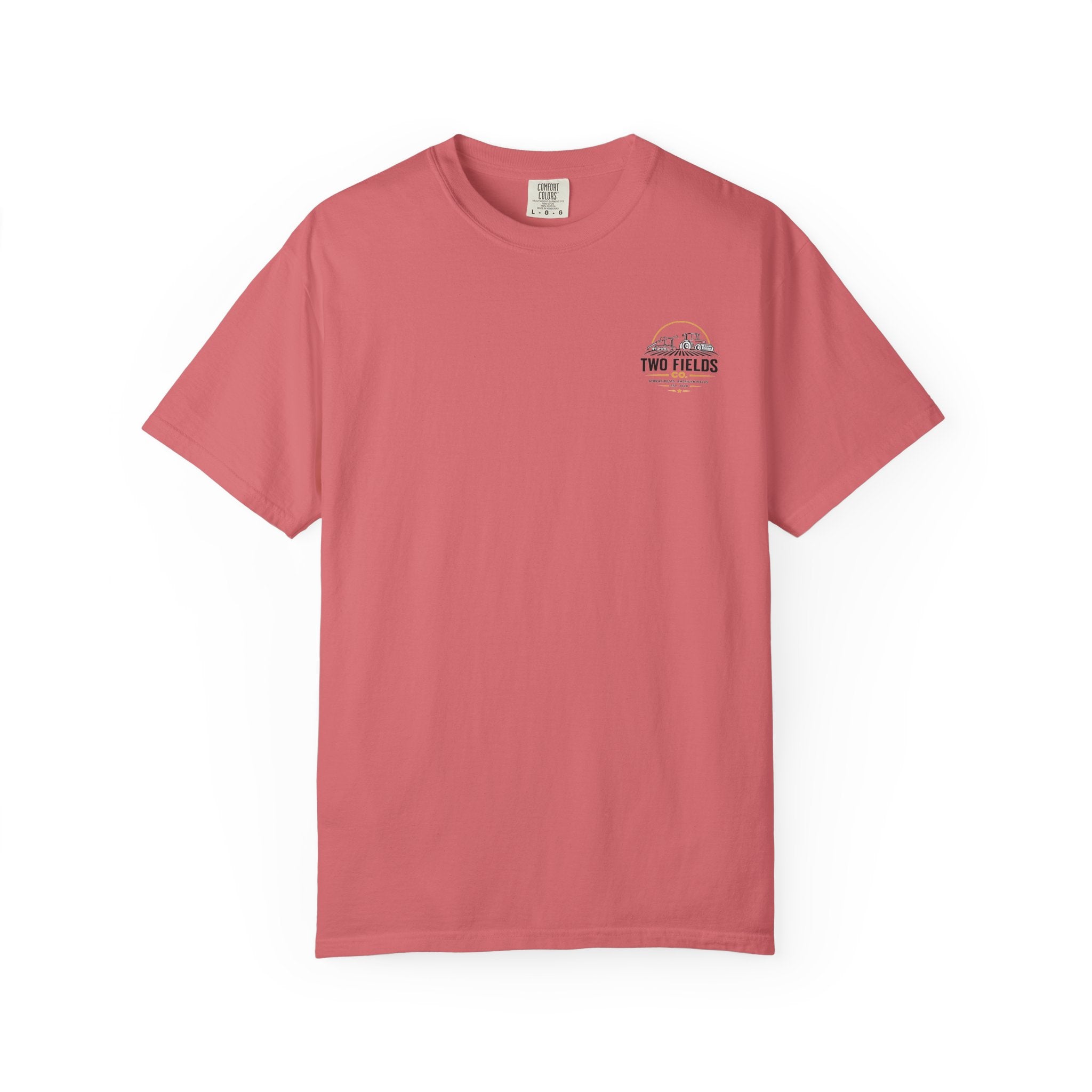 Coral red T-shirt with short sleeves and small Two Fields Co. chest logo print