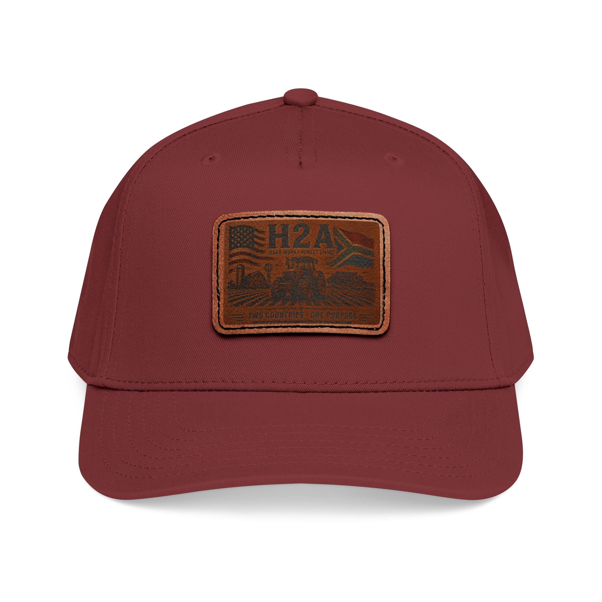 Burgundy two-tone baseball cap with stitched rectangular H2A patch logo