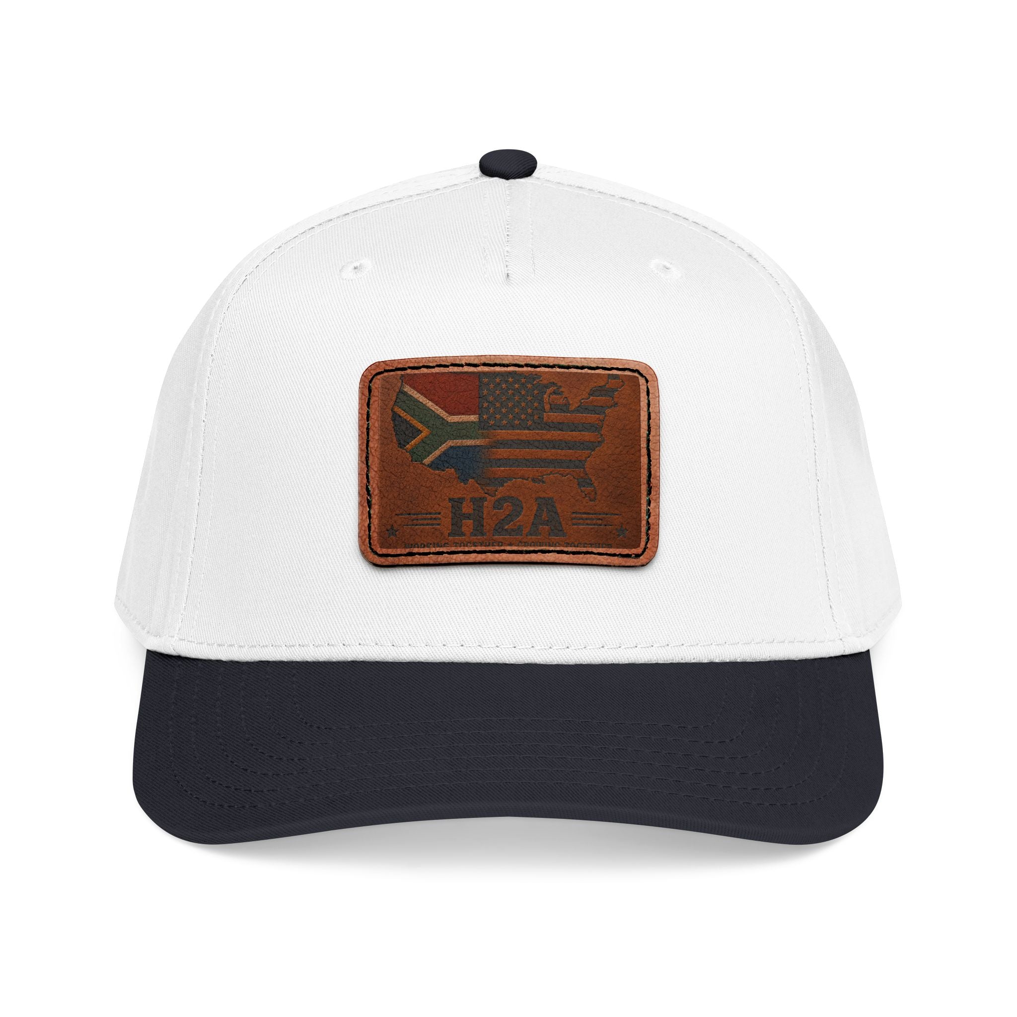 Black and white baseball cap with rectangular H2A flag leather patch