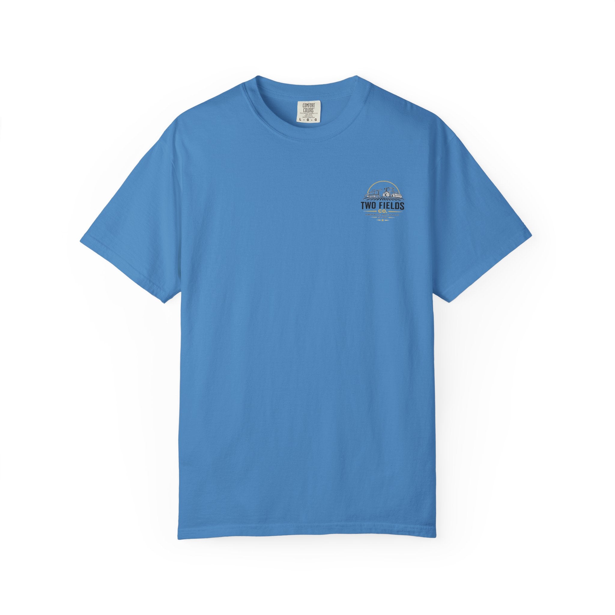 Blue crew-neck t-shirt with small chest Two Fields Co. logo graphic