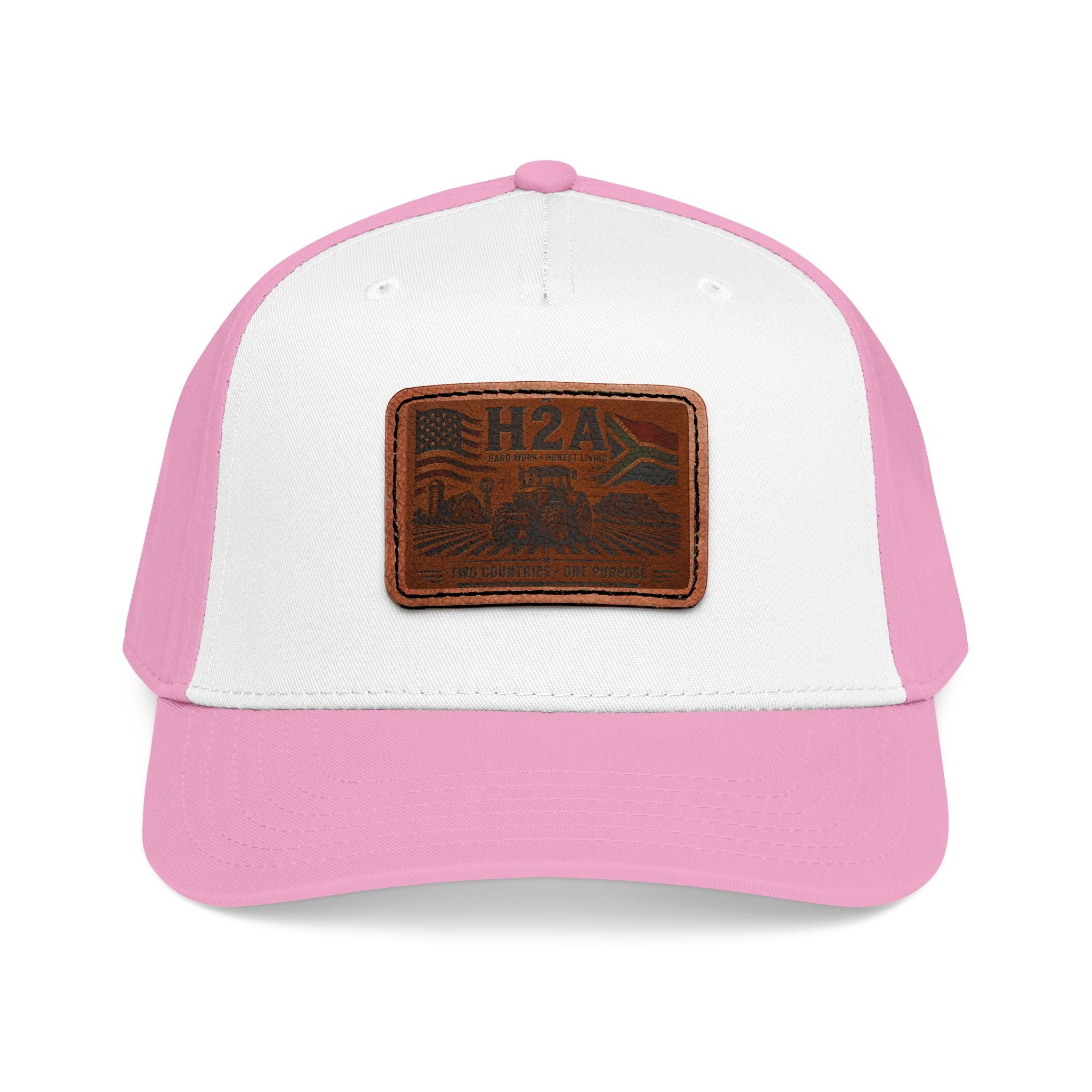 Leather patch baseball cap in pink with pink brim, rectangle H2A logo patch