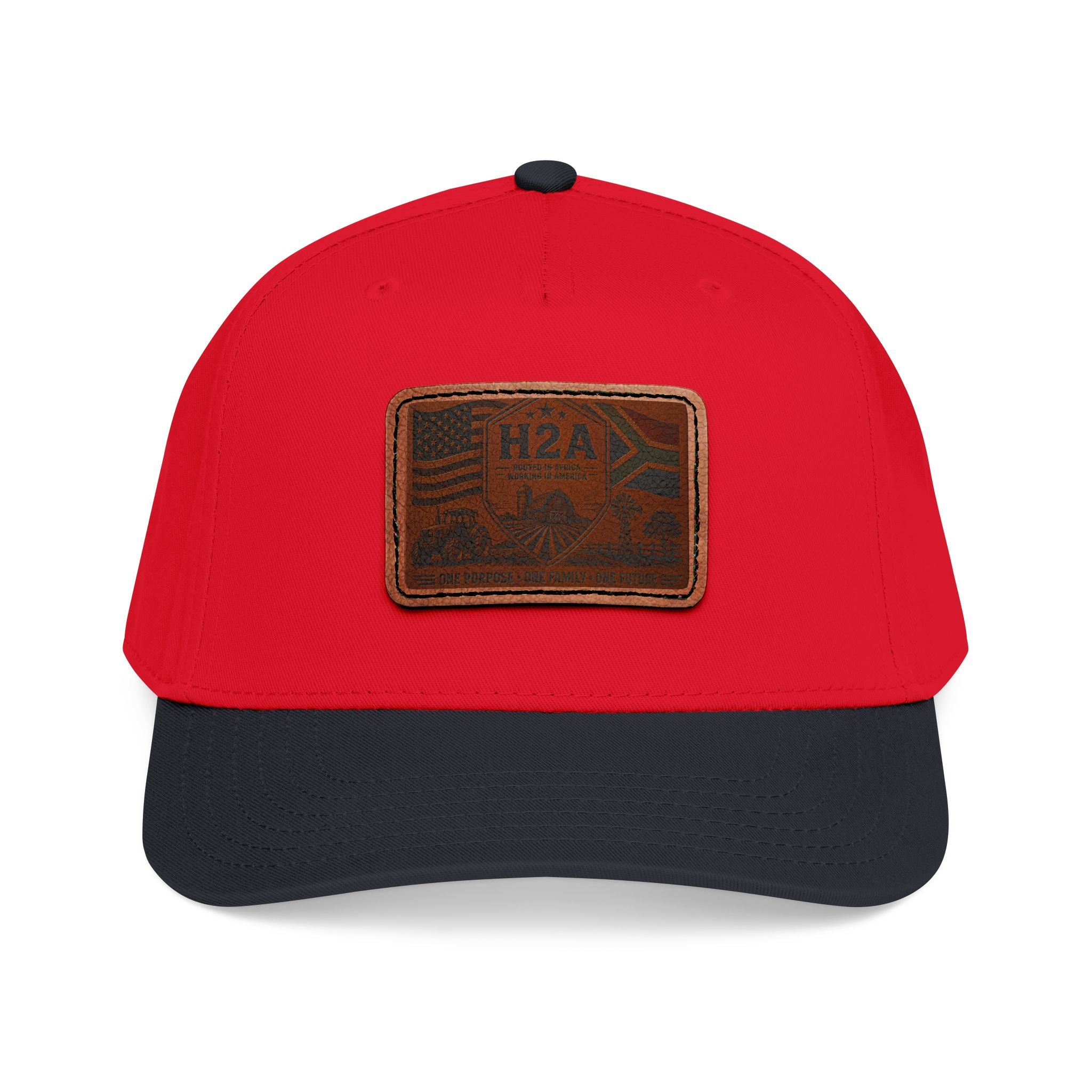 Red/black two-tone leather patch baseball cap with rectangular H2A flag patch