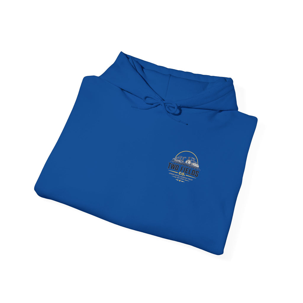 Blue pullover hoodie, folded, with small vintage logo graphic