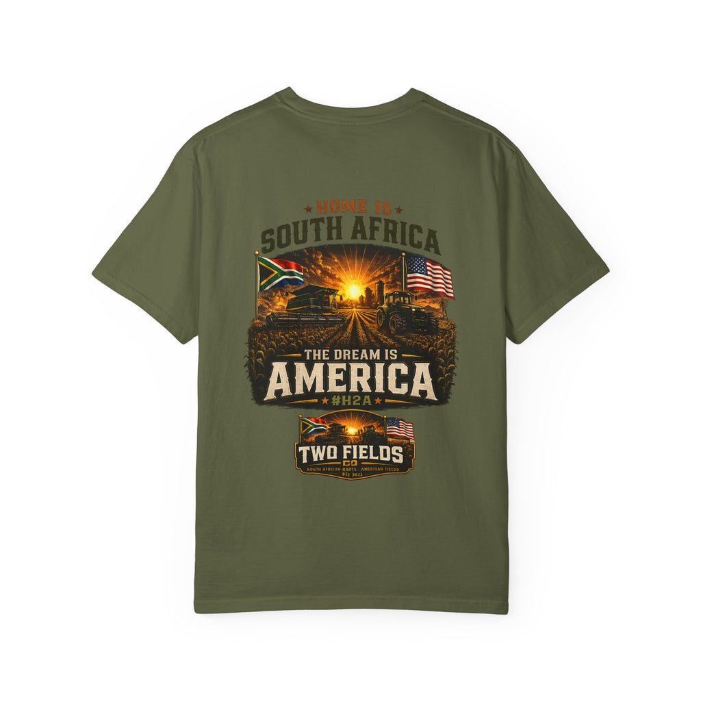 Olive T-shirt with South Africa and America graphic text over a flag and sunrise scene