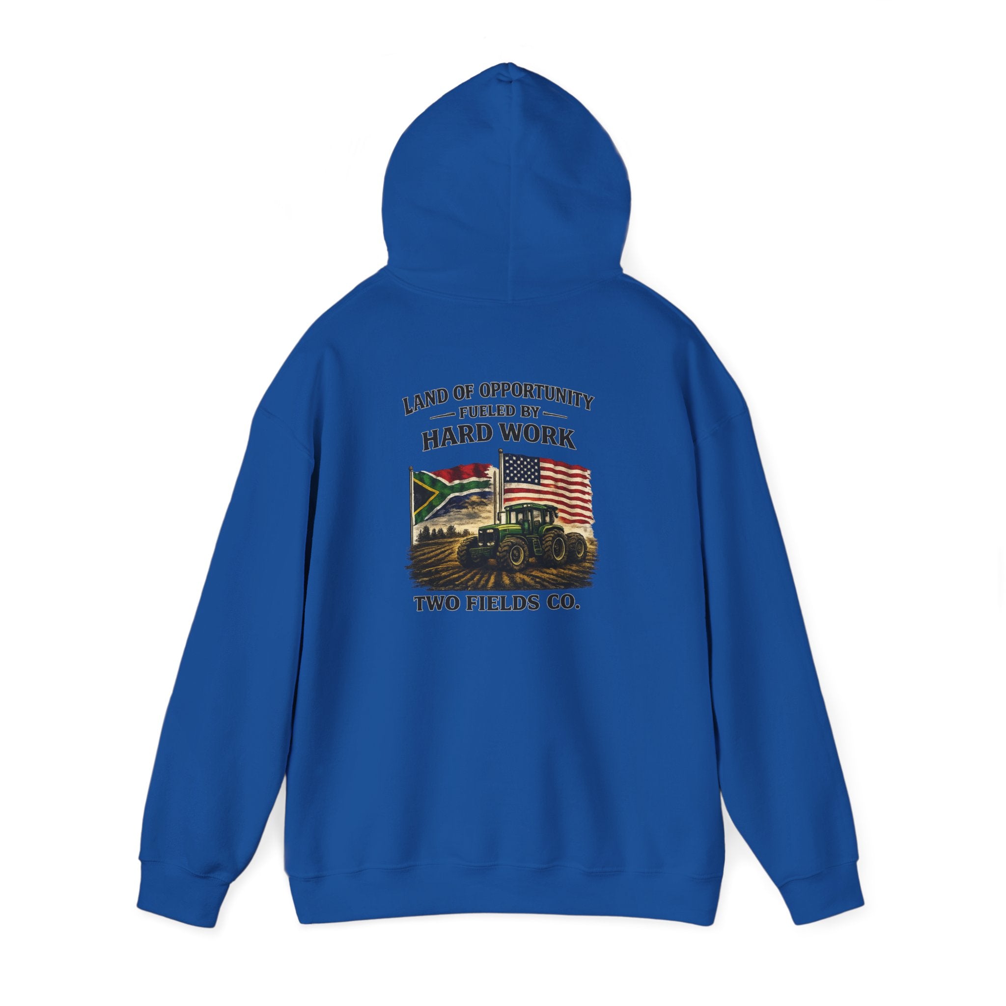 Royal blue pullover hoodie, back print with tractor scene, flag, and Two Fields Co.