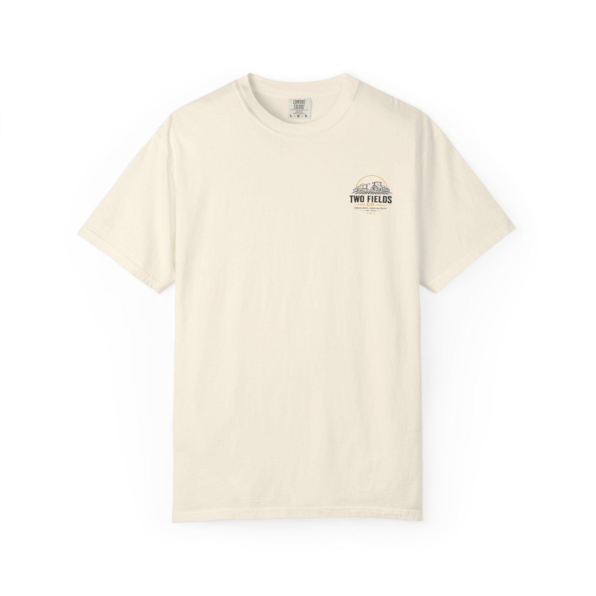 Ivory graphic t-shirt with small chest logo patch at upper right, crew neck