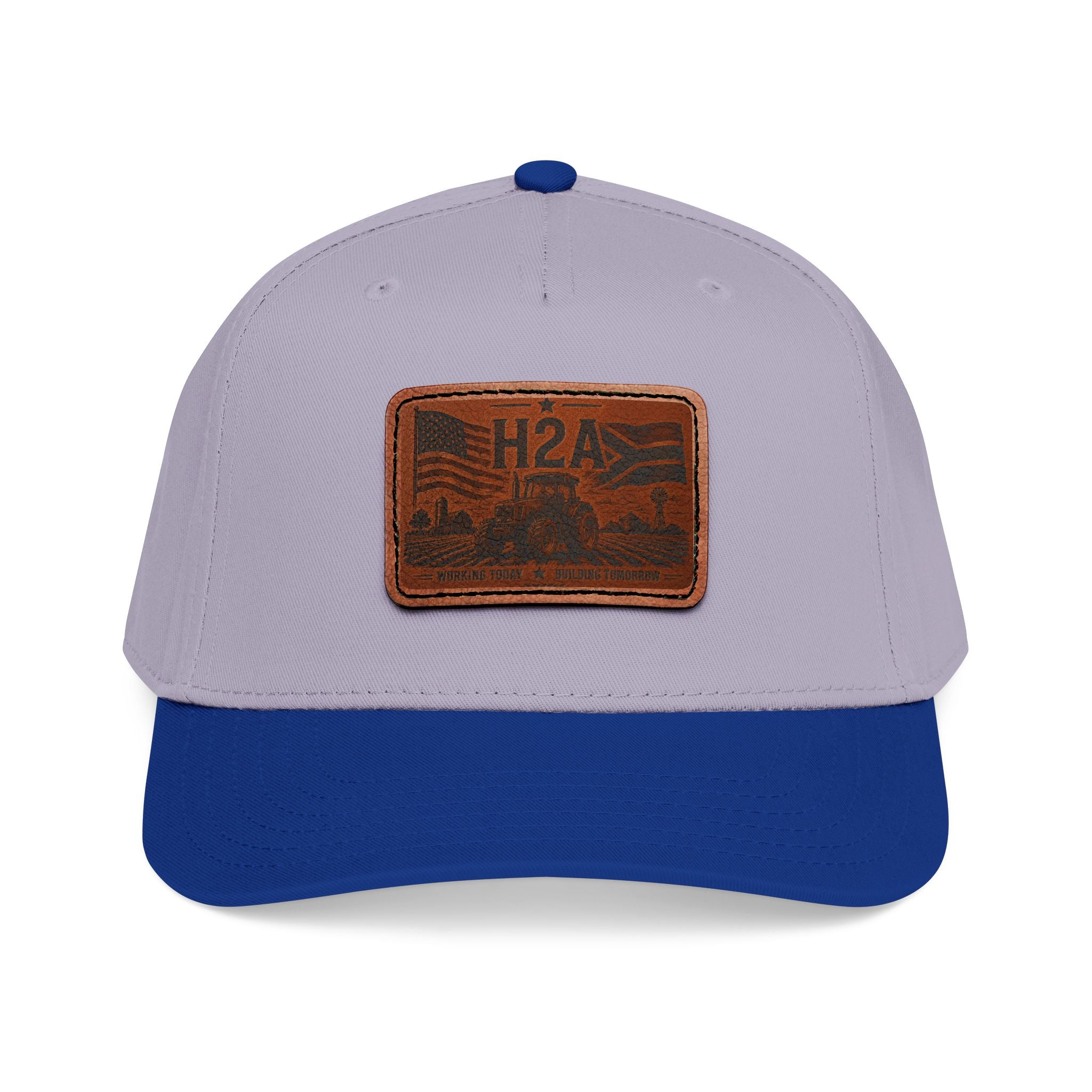 Light gray and blue baseball cap with rectangular H2A leather patch