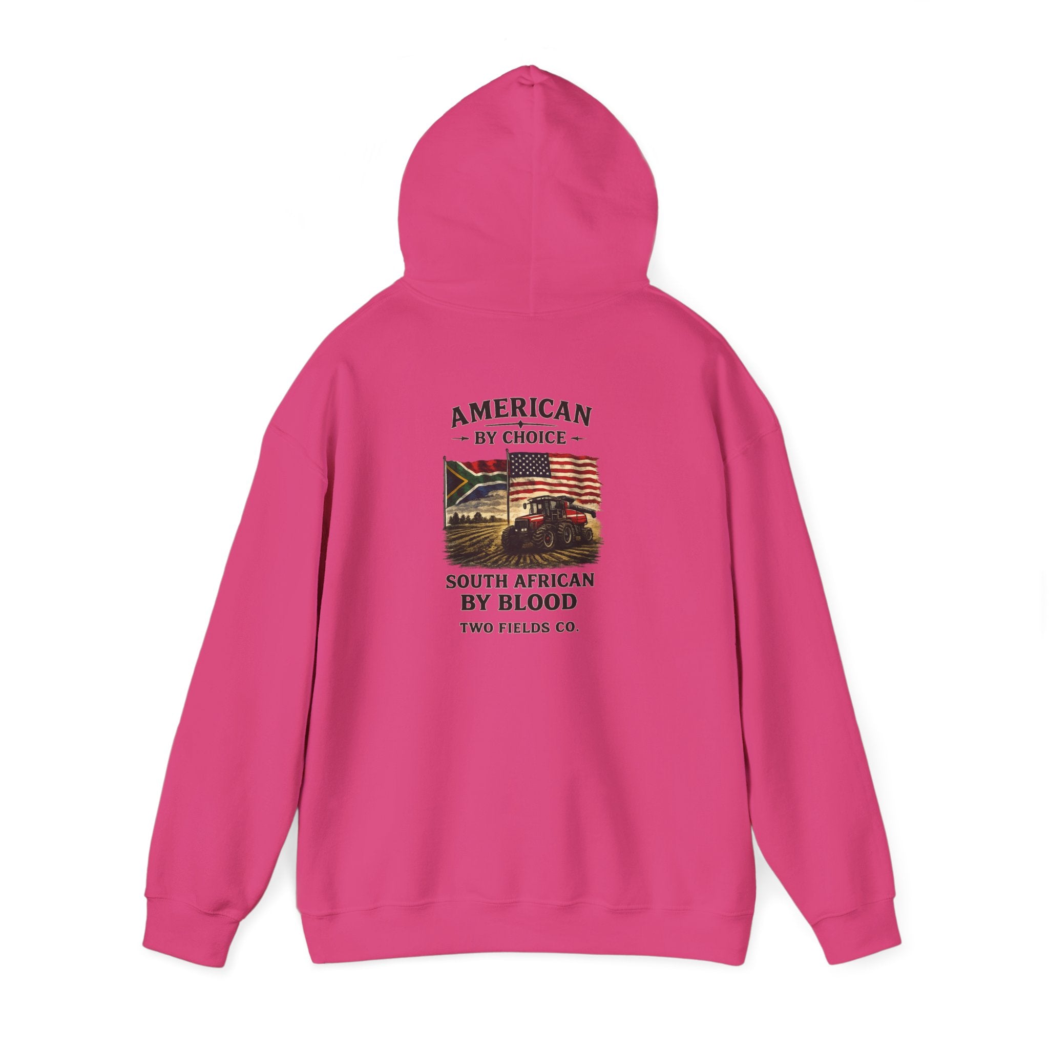 Fuchsia pullover hoodie with hood up and back graphic print