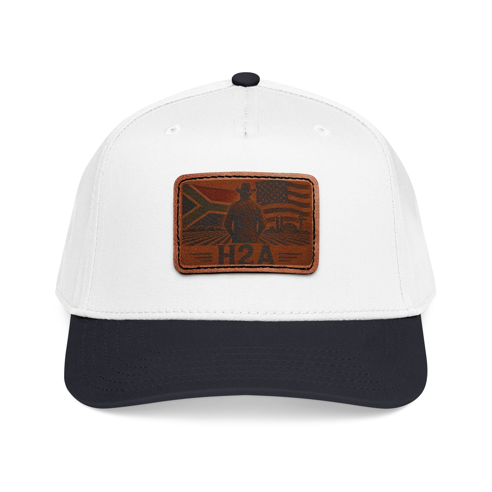 Leather-look H2A flag patch baseball cap with white crown and dark navy brim.