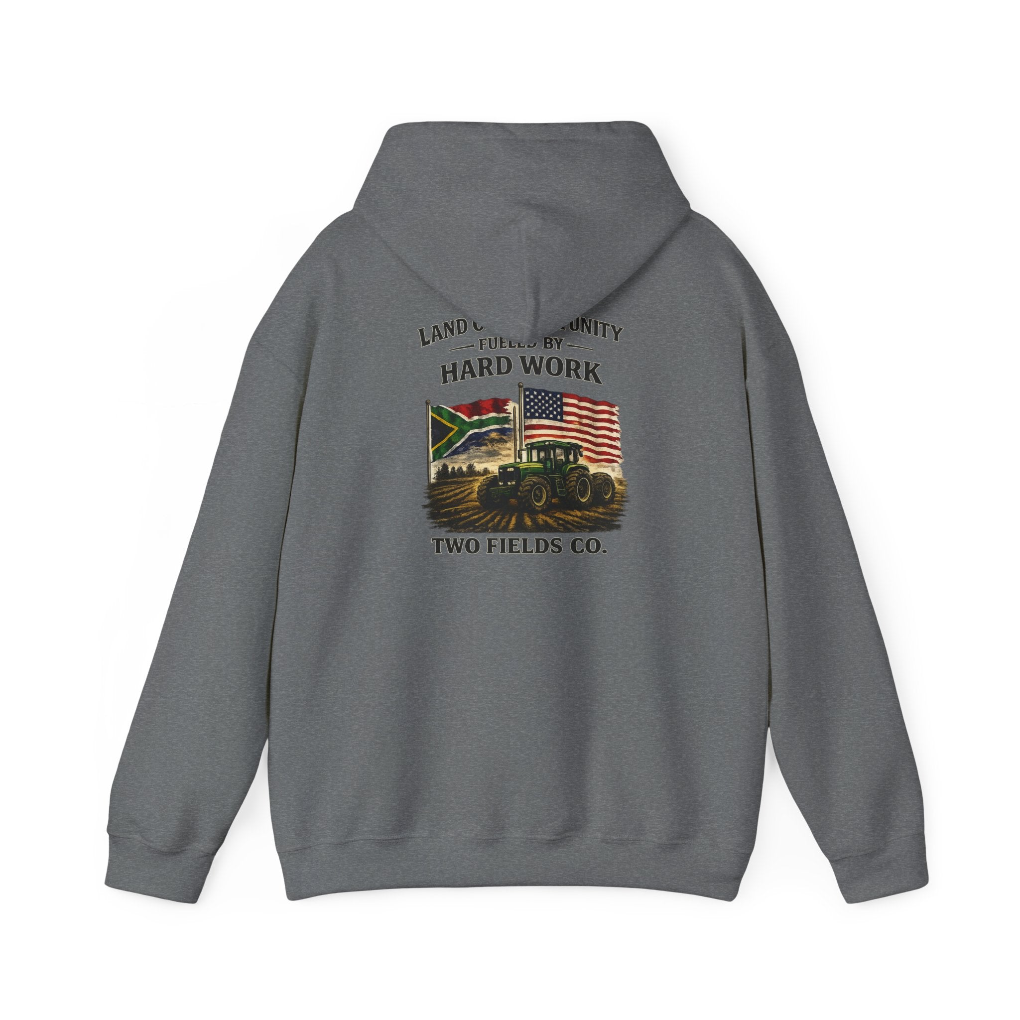 Charcoal vintage tractor hoodie with hood and back graphic text "Hard Work"
