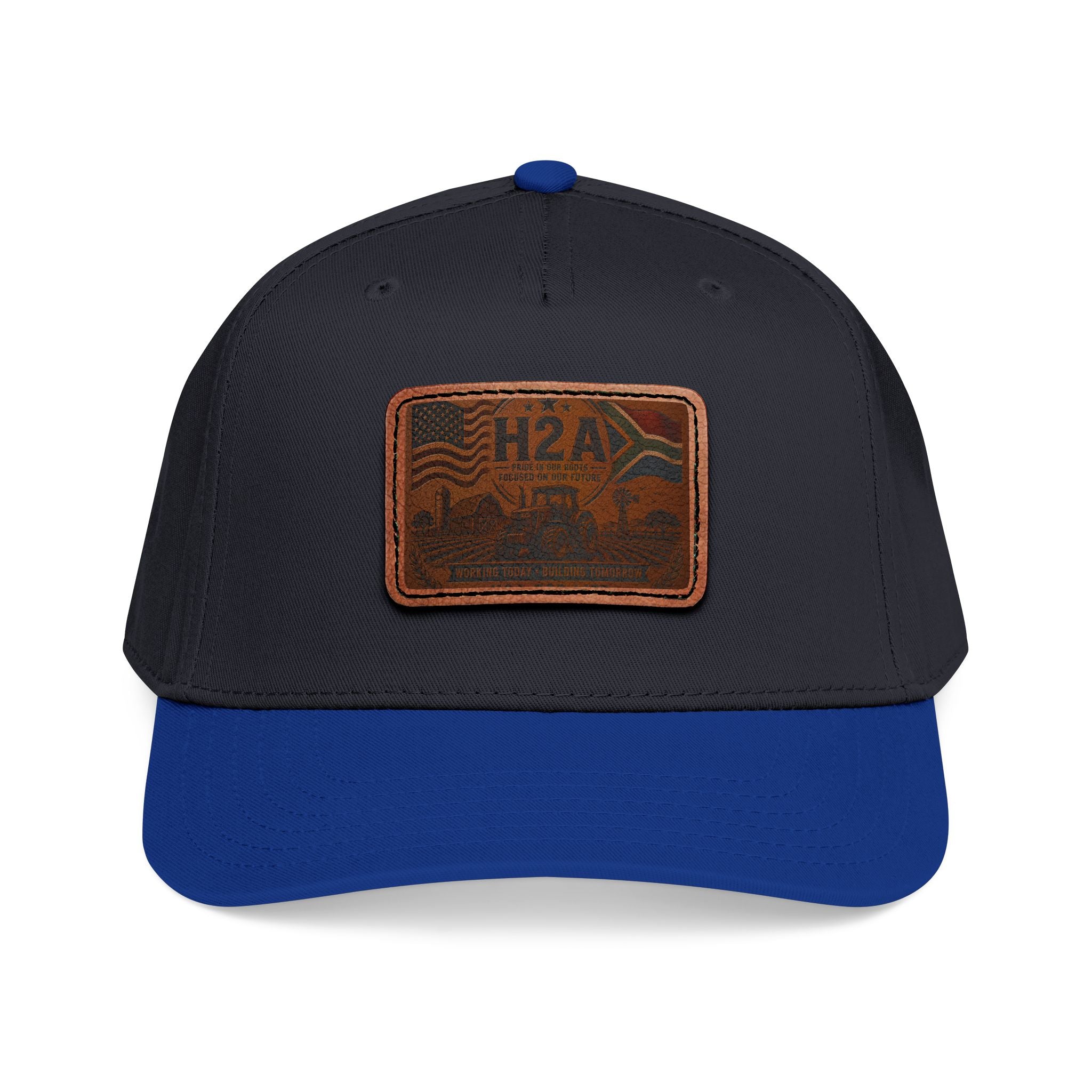 Leather patch baseball cap, black and navy blue with rectangular H2A truck patch on front