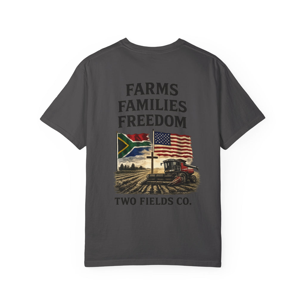 Dark gray T-shirt with large Farms Families Freedom tractor graphic