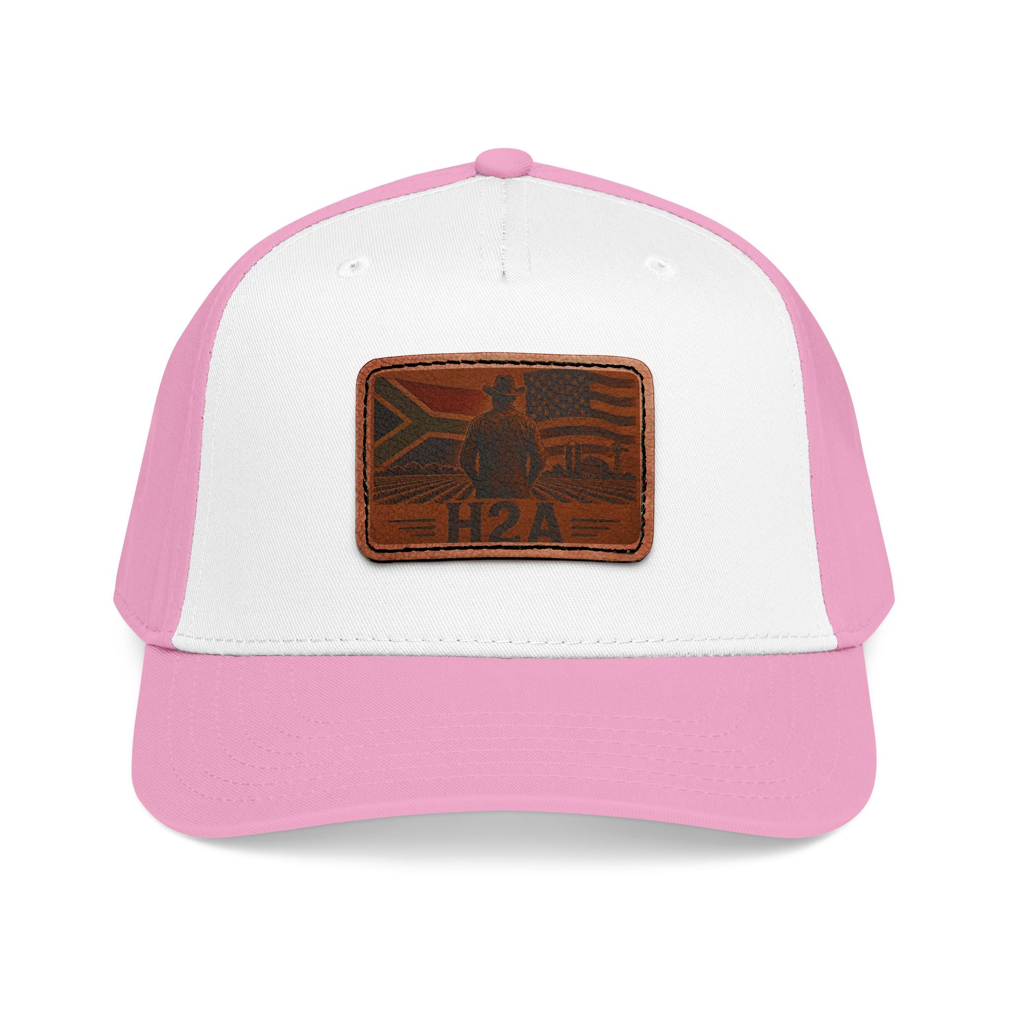 Leather-look H2A flag patch baseball cap with white crown and pink brim.